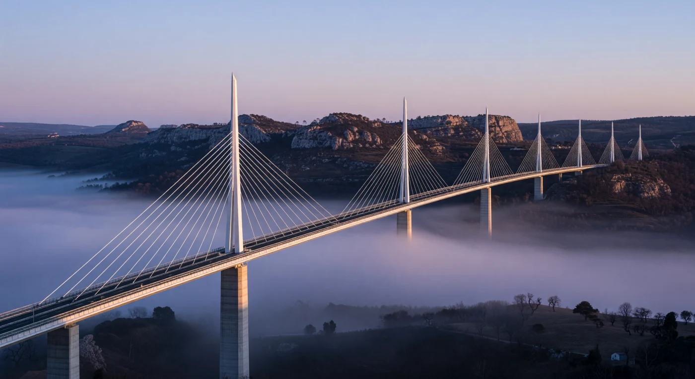 Il Viadotto di Millau si erge con eleganza sopra la fitta nebbia della valle del Tarn, mostrando i suoi sette piloni in acciaio bianco che raggiungono l'altezza record di 343 metri. Simbolo dell'ingegneria dell'Era Digitale, questa struttura strallata fonde precisione matematica e design aerodinamico per creare un'opera che sembra fluttuare nel vuoto. Attraverso l'uso di modelli computerizzati avanzati, l'infrastruttura trasforma il cemento e l'acciaio in una forma scultorea leggera, segnando un momento iconico in cui il genio umano si armonizza con il paesaggio naturale dei grandi altipiani calcarei della Francia meridionale.