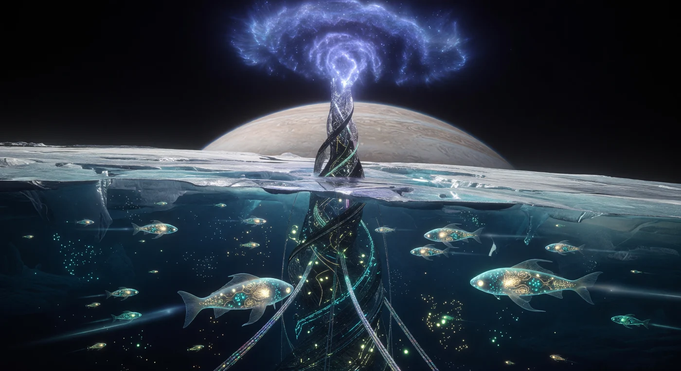 Nesta representação da Era Galáctica (5.000–20.000 d.C.), uma monumental torre de irradiação perfura a espessa crosta de gelo da lua Europa para expelir plasma térmico no vácuo, sob o brilho refletido de Júpiter. Ao redor da base, observam-se os Pellucid, entidades pós-biológicas translúcidas que utilizam redes neurais de grafeno e cromatóforos bioluminescentes para coordenar sua existência através de uma comunicação visual instantânea conhecida como O Coro. Esta infraestrutura de engenharia extrema aproveita o atrito gravitacional gerado pelo gigante gasoso, sustentando um ecossistema onde a biologia sintética e a física avançada coexistem nos abismos oceânicos.