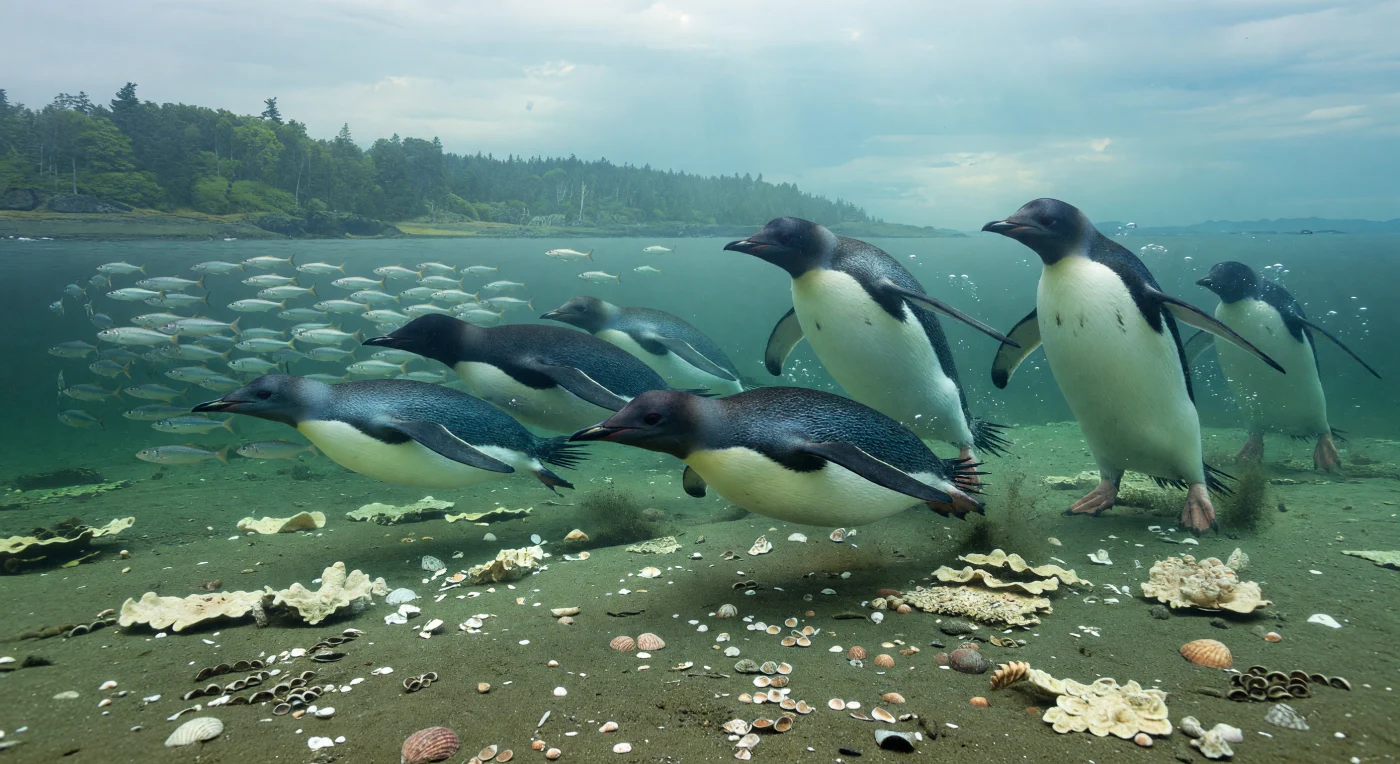 Bajo las frías aguas costeras de la Antártida del Eoceno, hace aproximadamente 56–34 millones de años, un grupo de pingüinos gigantes persigue cardúmenes de peces clupeiformes plateados sobre un fondo fangoso salpicado de braquiópodos, vieiras y esponjas pálidas. Entre ellos destacan Palaeeudyptes, de pico largo y afilado como una lanza, y el robusto Anthropornis, ambos pingüinos basales no voladores que alcanzaban cerca de 1,7–2 metros de altura en tierra. La escena revela una Antártida aún sin casquetes de hielo permanentes, con mares fríos pero productivos y costas boscosas, un mundo perdido en el que estas aves colosales dominaban el ecosistema marino somero.