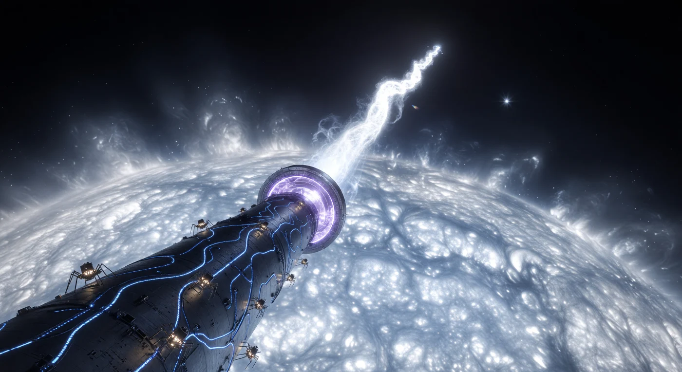 Vor der gleißenden Photosphäre des Hauptreihensterns Sirius A schwebt der 15 Kilometer lange Sirius-Sektor-Plasmasiphon, ein monumentales Zeugnis der technologischen Expansion während des Interstellaren Aufbruchs (ca. 3000–5000 n. Chr.). Die nadelartige Konstruktion aus hitzebeständiger Hafniumcarbid-Keramik nutzt gebündelte Lorentz-Kräfte, um einen gewaltigen Strom aus Wasserstoffplasma in ihren violett leuchtenden Magneteinlass zu saugen. Während winzige „Void-Engineer“-Wartungsdrohnen die dunkle Hülle vor der extremen Strahlung schützen und der ferne Weiße Zwerg Sirius B als zweiter Lichtpunkt fungiert, verdeutlicht diese Anlage den Moment, in dem die Menschheit begann, die rohe Energie der Sterne direkt für die interstellare Kolonisation zu bändigen.