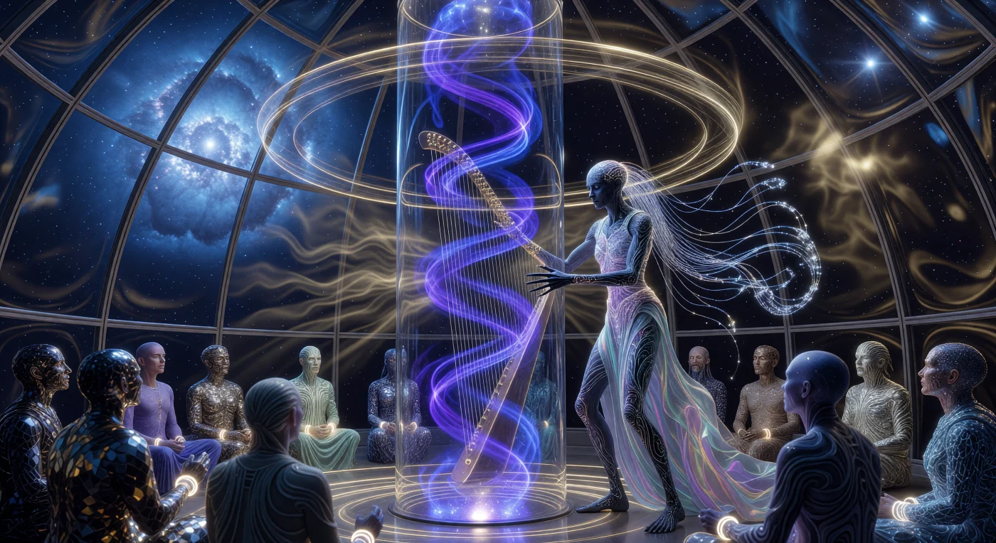In dieser Rekonstruktion aus der Ära der Interstellaren Dämmerung (3000–5000 n. Chr.) bedient ein „Lithe-Long“-Artist aus der Oortschen Wolke eine monumentale Plasma-Harfe, deren ionisierte Gase in einem Vakuumzylinder aus Diamantglas pulsieren. Während ein Blauer Überriese den Hintergrund erhellt, versammelt sich ein diverses Publikum aus „Crystalline Density“-Wesen mit siliziumverstärkter Haut und post-humanen Gestalten in Myco-Seide, um die durch gravimetrische Resonanz erzeugten Schwingungen physisch zu erfahren. Diese Szene dokumentiert die technologische Meisterschaft des „Großen Aufbruchs“, in der die Manipulation fundamentaler Naturkräfte und die biologische Anpassung an extreme stellare Umgebungen zur Grundlage einer neuen, interstellaren Ästhetik wurden.