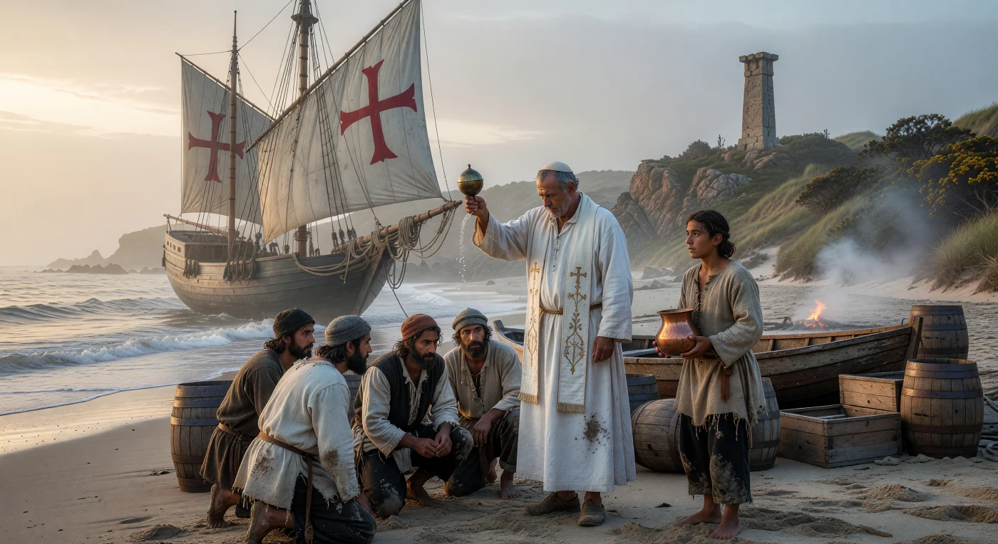Before embarking on a voyage during the late 15th-century Age of Discovery, Portuguese mariners kneel on a windswept Atlantic beach to receive a formal blessing from a tonsured priest. The caravel anchored in the surf, rigged with lateen sails bearing the red Cross of the Order of Christ, represents the maritime technology that allowed explorers to navigate the open ocean and reach distant shores. In the background, a stone *padrão* stands on the cliffside as a symbol of the Portuguese Crown’s territorial ambitions and the religious mission that underpinned these early global expeditions.