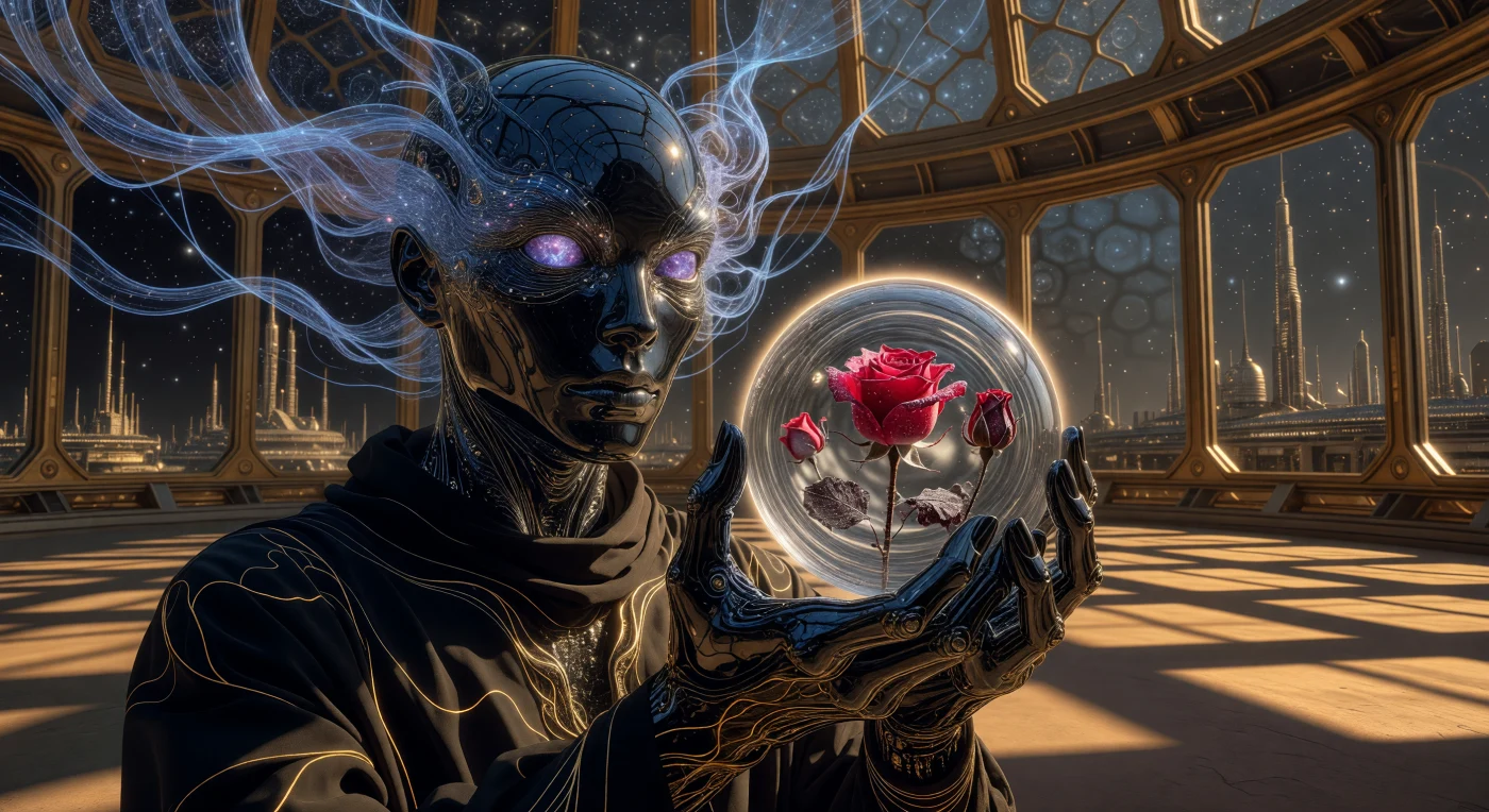 In the far future era known as The Horizon (c. 100,000–1,000,000 CE), a post-biological human exhibiting "Aurelian Symmetry" stands within a Dyson Shell orbiting the Sun. The figure, characterized by polished obsidian skin and data-transmitting neuro-filaments, holds a Chronos-Locket—a stabilized gravitational lens containing a biological Terran rose (*Rosa*) preserved in a perpetual temporal loop of blooming and decay. This scene illustrates the mastery of space-time and the preservation of ancient Earth biology through advanced technological synthesis in a post-material age.