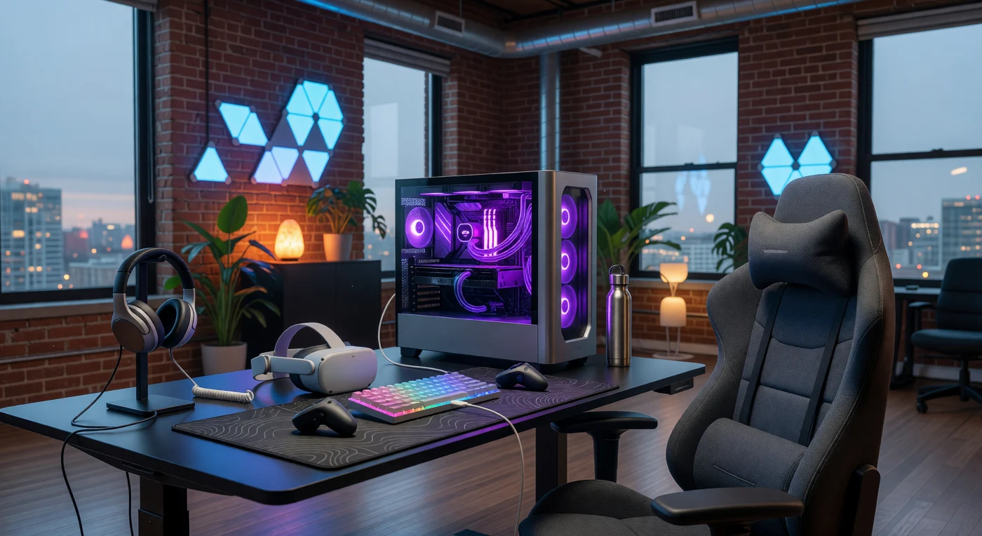 Questa immagine cattura un sofisticato santuario del gaming all'interno di un loft di Montréal nel 2025, dove un PC personalizzato con raffreddamento a liquido color magenta affianca un visore per la realtà virtuale Meta Quest 3. Rappresentativo del culmine dell'Età Digitale, questo allestimento illustra come le postazioni domestiche si siano trasformate in espressioni artistiche di "minimalismo disordinato", fondendo hardware ad alte prestazioni con l'estetica industriale. Tra pareti in mattoni a vista e pannelli LED ciano, la scena incapsula la ricerca della massima immersione tecnologica e la cultura del design personalizzato tipica del primo quarto del XXI secolo.