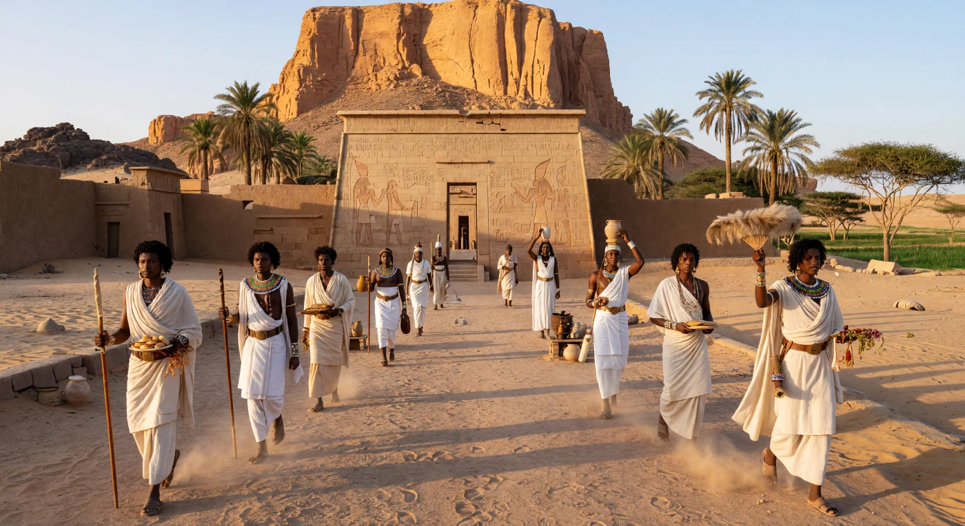 Sob a escarpa vermelho-dourada de Jebel Barkal, sacerdotes e nobres cuchitas avançam em procissão solene por um terreiro poeirento em direção a um templo de arenito construído ao estilo egípcio, com portal em pilone, relevos hieroglíficos desbotados e símbolos ligados ao culto de Amon. Por volta de 700 a.C., perto de Napata, este lugar sagrado era um dos grandes centros religiosos do reino de Cuxe, cujos governantes adotaram e transformaram tradições faraónicas ao mesmo tempo que afirmavam a sua própria identidade núbia. As vestes de linho claro, os colares de contas, os vasos de oferendas e os bastões cerimoniais revelam uma elite africana profundamente ligada ao Nilo, ao deserto e ao poder espiritual deste monte venerado.