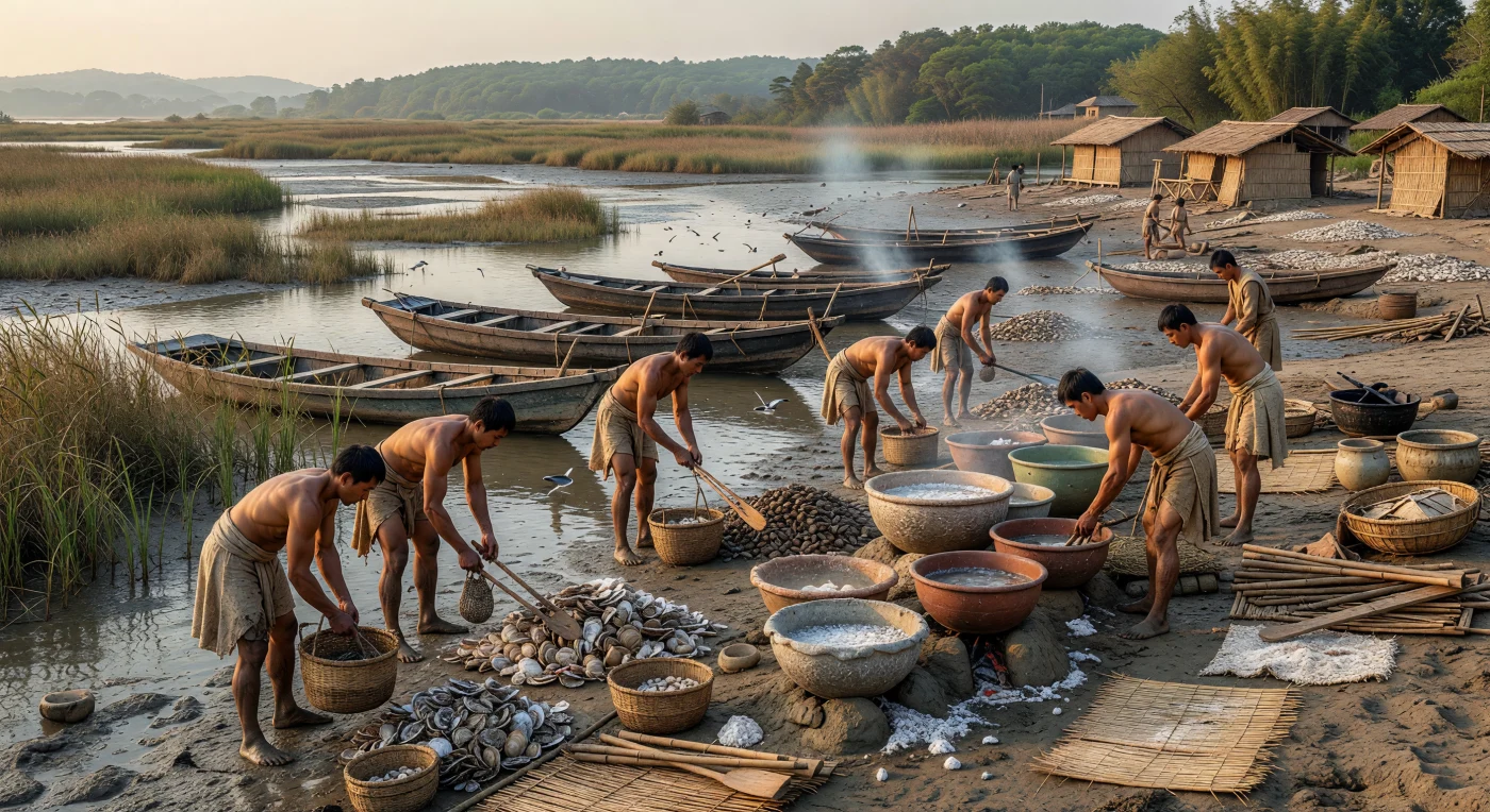 Num amplo lodaçal de maré baixa no estuário da costa sudeste da China, trabalhadores recolhem ostras e amêijoas à mão enquanto outros fervem salmoura em panelas cerâmicas grosseiras, entre esteiras de secagem, montes de conchas e embarcações estreitas puxadas para terra. A cena situa-se no mundo cultural de Wu–Yue, por volta de 550–500 a.C., durante o final do período das Primaveras e Outonos, quando as comunidades costeiras do baixo Yangzi combinavam pesca, mariscagem e produção de sal num quotidiano moldado pelas marés. Longe dos palácios e rituais das elites Zhou do norte, esta paisagem mostra uma economia prática e regional, mas já ligada a redes mais amplas de troca, visíveis em pequenos objetos de bronze e recipientes envernizados entre ferramentas simples de bambu, cânhamo e barro.