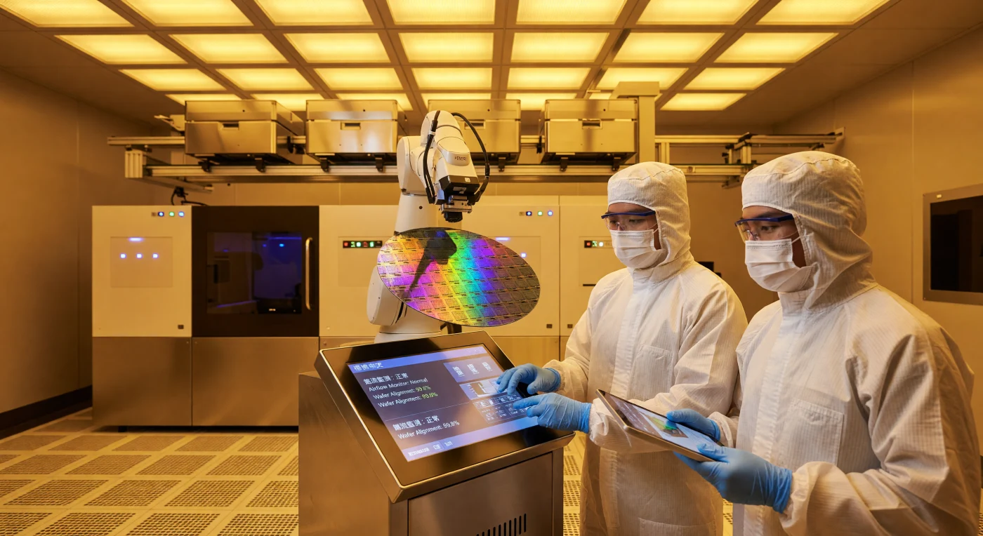 All'interno di una camera bianca a Hsinchu, Taiwan, tecnici avvolti in tute sterili monitorano la manipolazione robotica di un wafer di silicio da 300 mm, i cui circuiti microscopici creano riflessi iridescenti. L'ambiente è immerso in una luce ambra monocromatica, essenziale per preservare i materiali fotosensibili durante il complesso processo di fotolitografia. Questa scena cattura l'essenza del cosiddetto "Scudo di Silicio", evidenziando il ruolo cruciale di Taiwan come pilastro tecnologico globale e l'estrema precisione richiesta dalla produzione industriale del XXI secolo.