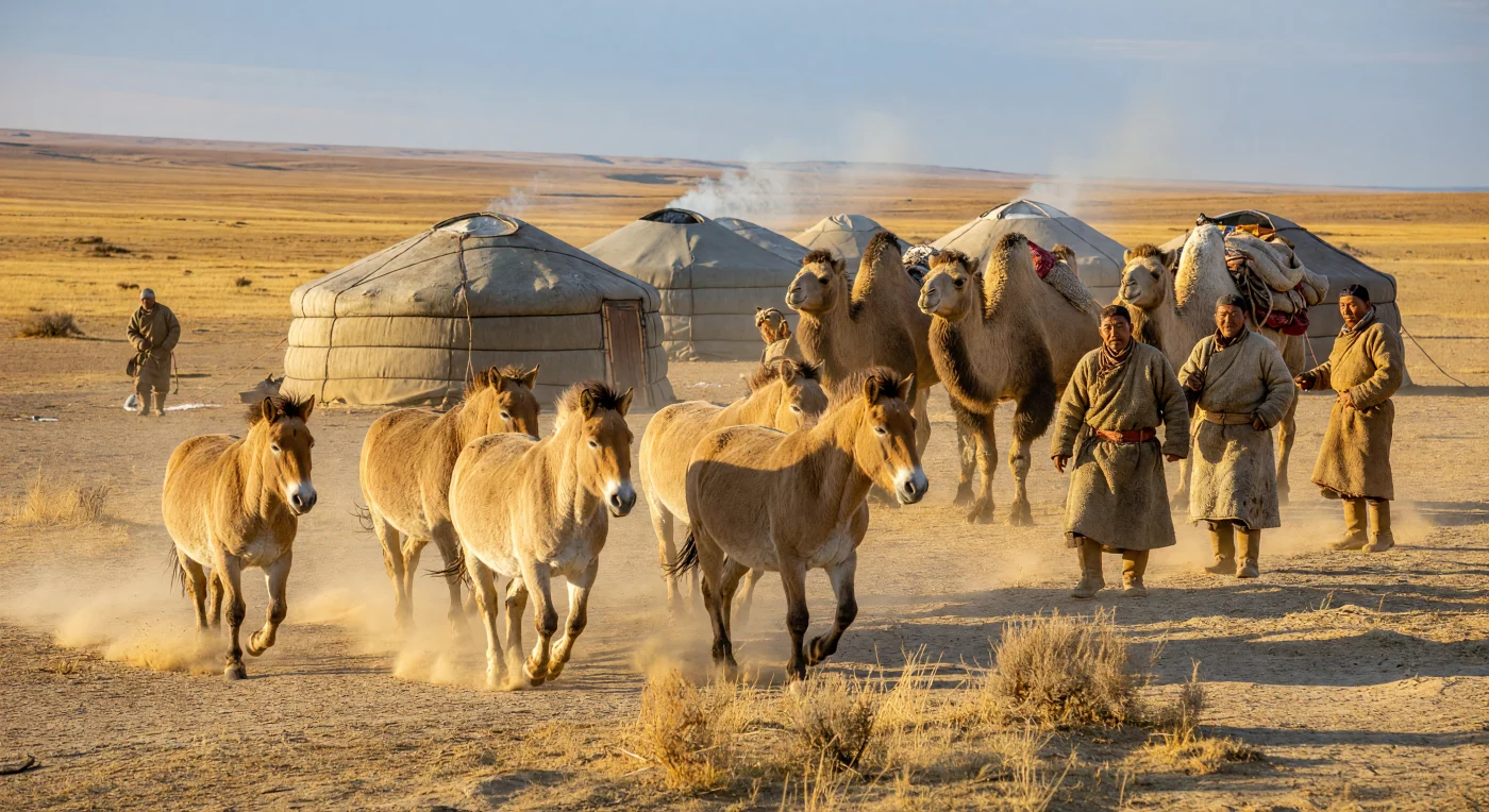 A small herd of Przewalski’s horses—distinguished by their stocky build, dun-colored coats, and short, upright manes—gallops across the windswept loess plateau of the Gobi Steppe. In the background, a 14th-century Northern Yuan nomadic encampment features traditional felt-covered gers and herders tending to shaggy Bactrian camels. This scene captures the rugged continuity of pastoral life in Inner Asia during the Late Middle Ages, illustrating the vital relationship between nomadic communities and the hardy livestock that sustained them in this arid, high-altitude environment.