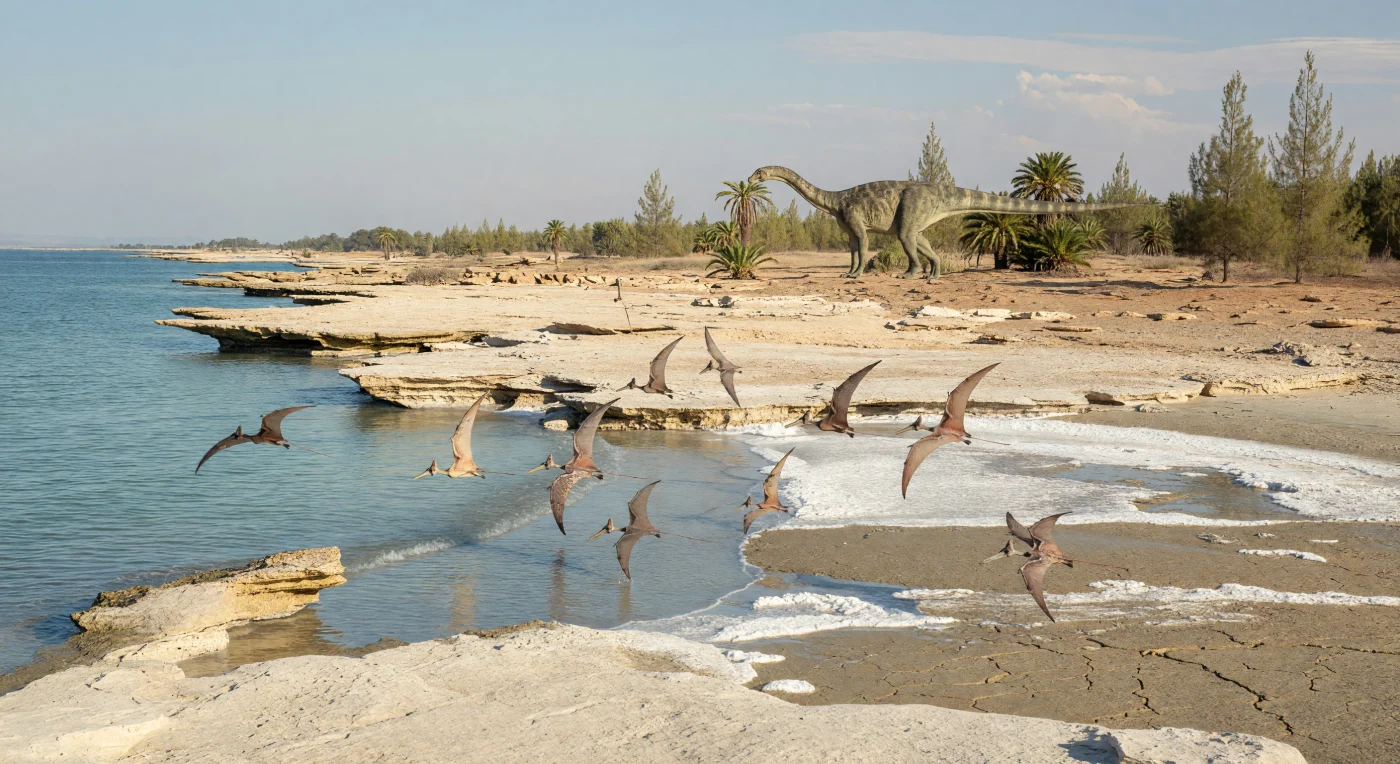 En esta costa carbonatada del Tethys occidental, hace unos 205–201 millones de años, una bandada de Peteinosaurus de apenas 60 cm de envergadura roza el oleaje sobre bancos de caliza micrítica y planicies de dolomía blanquecinas por la sal. Tierra adentro, un Plateosaurus de unos 7 metros ramonea entre Nilssonia y coníferas dispersas, en un paisaje árido y caluroso donde aún no existían las flores ni las hierbas. La escena reúne dos protagonistas del Triásico final —uno de los pterosaurios tempranos y un gran sauropodomorfo basal— sobre una plataforma litoral evaporítica que refleja la recuperación y diversificación de la vida mesozoica a orillas del antiguo mar de Tetis.