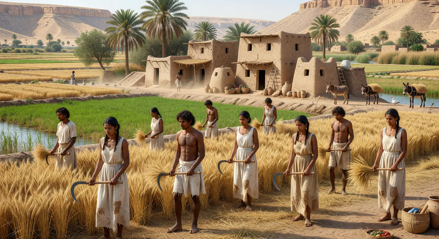 Egyptian villagers harvest ripened wheat in the Nile Valley, cutting stalks by hand beside basin-irrigated fields that depended on the river’s annual flood. Their simple linen clothing, mud-brick houses, clay granaries, and working animals reflect the material world of rural Egypt in the late Ptolemaic period, when most people still lived in long-established village communities despite Greek rule at the top. The scene captures the sharp contrast that defined life along the Nile: a narrow band of fertile cultivation bordered by reeds, palms, and the desert beyond.