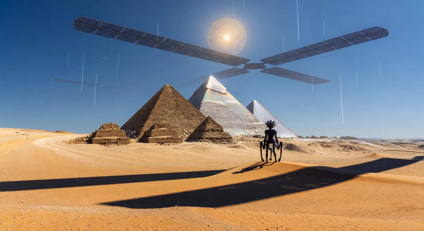 En l'an 15 000 de notre ère, au cœur de l'Âge Galactique, le plateau de Gizeh subsiste comme un sanctuaire planétaire où les Grandes Pyramides, protégées par une pellicule de nano-silice iridescente, se dressent sous un ciel bleu holocène artificiellement stabilisé. Le paysage est rythmé par les ombres linéaires des « Ailes Radiatrices » orbitales, de gigantesques structures dissipant la chaleur résiduelle de l'Essaim de Dyson qui enveloppe désormais le Soleil. Un pèlerin de cette époque, un « Marcheur du Vide » à la peau chitineuse et plombée, contemple ces vestiges de calcaire, témoins immuables d'un passé terrestre préservé au sein de l'immensité technologique d'une civilisation de type II sur l'échelle de Kardashev.
