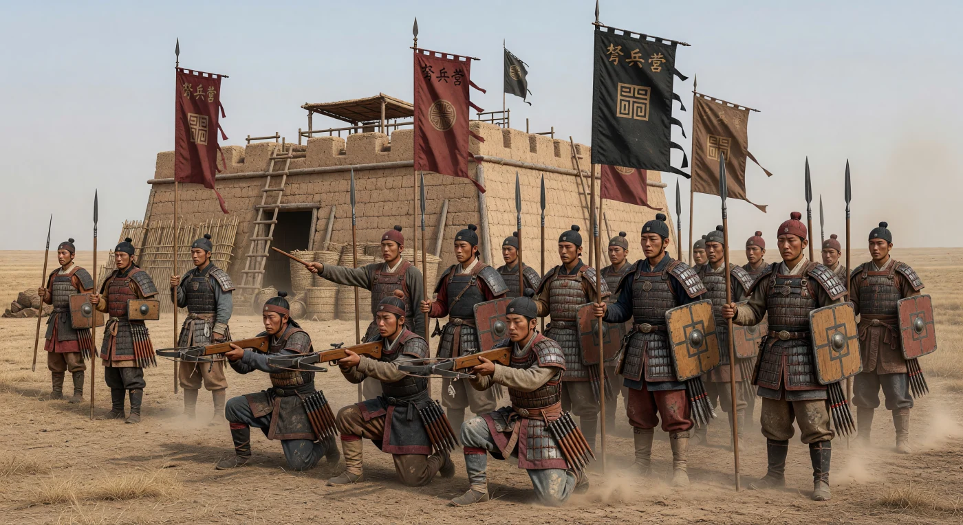 Qin infantry prepare for battle on the dry northern plains during the wars of unification in the late 3rd century BC. Armed with standardized crossbows fitted with sophisticated bronze trigger mechanisms, alongside spears and rectangular shields, these soldiers embody the discipline, mass organization, and military bureaucracy that helped the Qin state conquer its rivals and establish China’s first empire in 221 BC. Behind them, rammed-earth fortifications and campaign banners evoke the harsh, mobile warfare of the Warring States era.