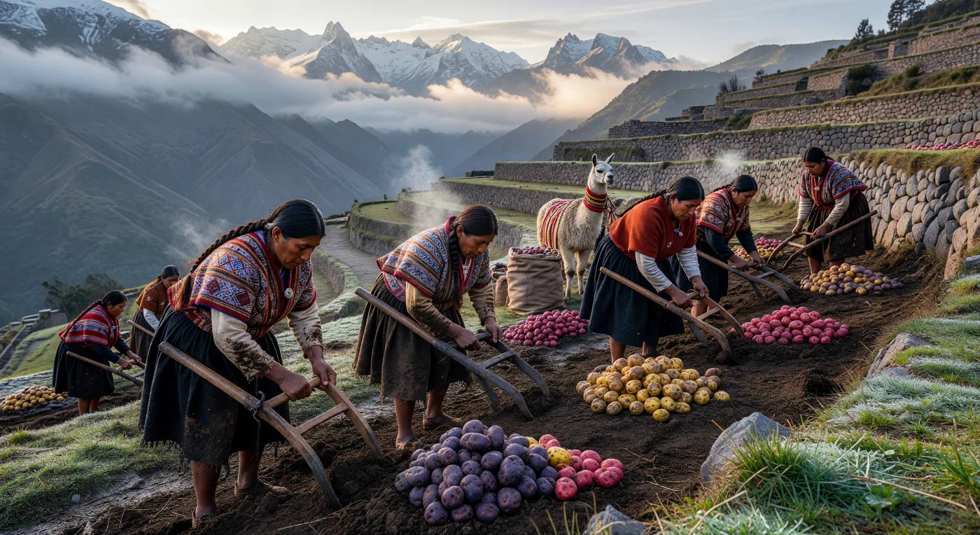 High on the andenes (agricultural terraces) of the 17th-century Viceroyalty of Peru, Quechua women harvest a diverse array of heirloom potatoes using the chaquitaclla, a traditional Andean foot-plow. The scene illustrates the persistence of Indigenous technology and social organization during the colonial era, with laborers wearing fine cumbi wool garments fastened by silver tupu pins and adorned with ancestral tokapu patterns. This high-altitude landscape, where the rugged peaks of the Cordillera meet the misty ceja de selva, highlights the sophisticated mountain farming techniques that have sustained Andean civilizations for millennia.