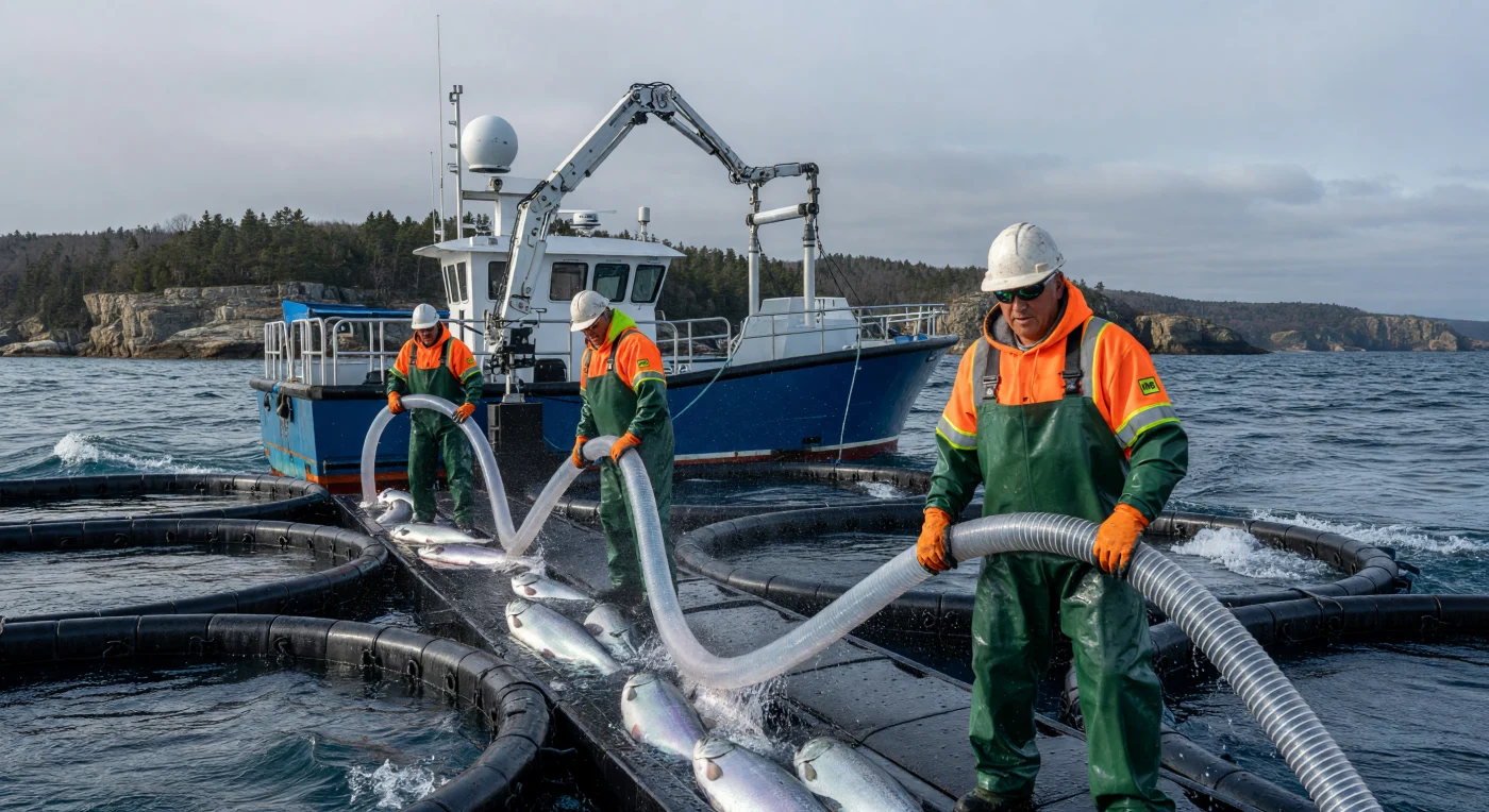 Presso la Baia di Fundy, nel New Brunswick, una squadra di lavoratori raccoglie il salmone atlantico utilizzando avanzati sistemi a pompa idraulica che trasferiscono i pesci argentati verso una moderna nave "well-boat". Equipaggiati con tute impermeabili in PVC e circondati da infrastrutture in polietilene ad alta densità, questi operatori incarnano la "Rivoluzione Blu" degli anni 2020, caratterizzata da un'acquacoltura intensiva e tecnologicamente avanzata. Sullo sfondo della costa canadese punteggiata di abeti, l'immagine cattura la complessa sinergia tra la manodopera globalizzata e la gestione industriale delle risorse oceaniche nel primo quarto del XXI secolo.