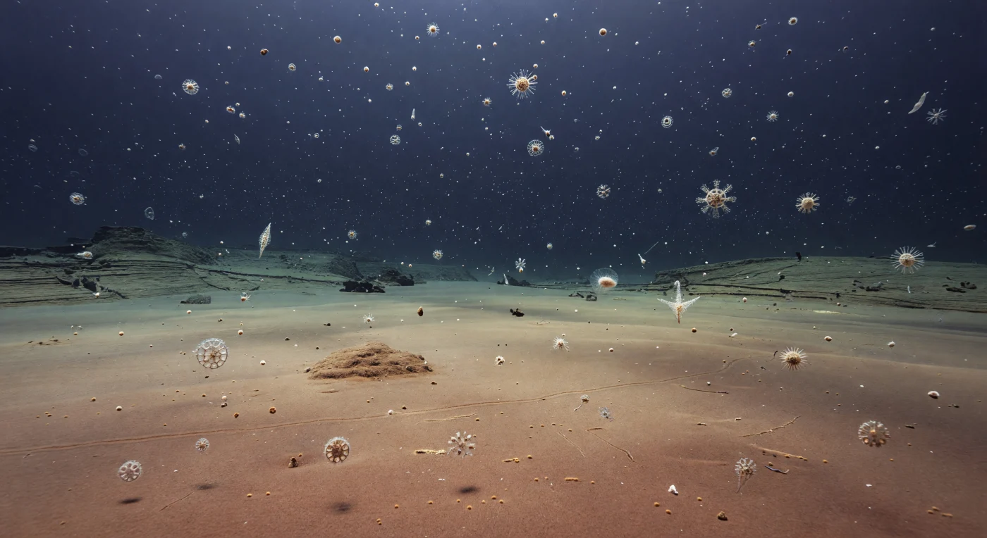 In a quiet deep basin of the Late Jurassic Tethys, roughly 160–145 million years ago, billions of microscopic radiolarians drift down through dim indigo water and settle as siliceous ooze across the seafloor. This soft reddish sediment, only lightly disturbed by sparse burrows and surface trails, would eventually harden into radiolarian chert, preserving evidence of one of the Jurassic deep ocean’s most characteristic deposits. The scene captures a low-energy bathyal to abyssal environment, far from reefs and shorelines, where the remains of planktonic silica-shelled protists accumulated over immense spans of time.