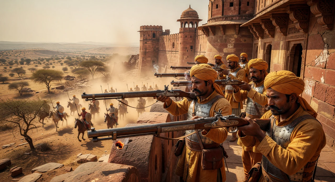 Vanaf de imposante muren van het Chittorgarh-fort in Rajasthan richten Rajput-krijgers hun zware bronzen musketten op een naderende cavalerie die in een gouden stofwolk over het plateau stormt. Gehuld in saffraankleurige tulbanden en gepolijste stalen borstplaten, belichamen deze soldaten uit de 16e eeuw de felle weerstand van de Kshatriya-kaste tegen de oprukkende legers van die tijd. De gedetailleerde Toradar-lontslotgeweren en de strategische rode zandstenen kantelen getuigen van de geavanceerde militaire architectuur en vuurwapentechnologie die de verdediging van Noord-India tijdens deze turbulente periode kenmerkten.