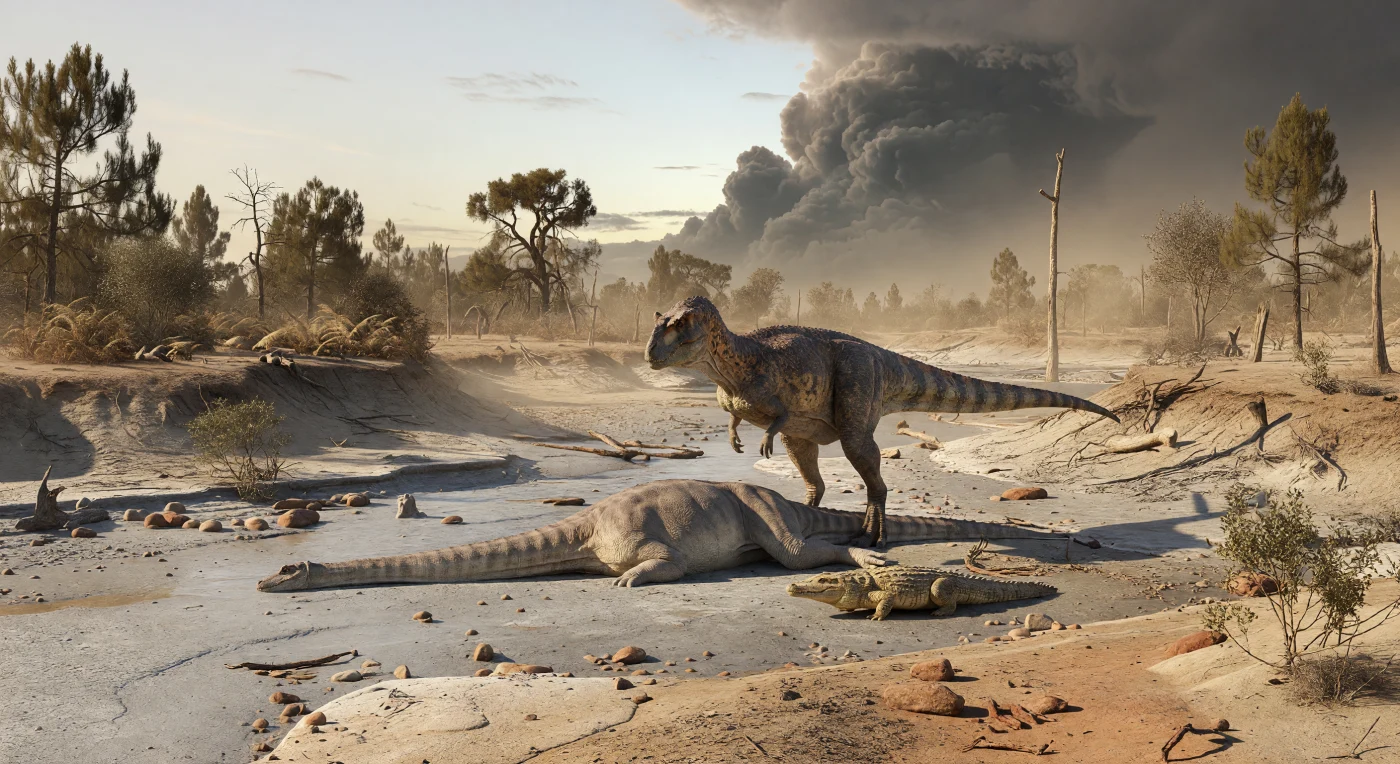 Auf dem ausgetrockneten Flussbett der Maevarano-Formation im heutigen Madagaskar, vor etwa 70–66 Millionen Jahren, steht ein rund 6 Meter langer Majungasaurus crenatissimus angespannt neben dem zusammengebrochenen Kadaver des Titanosauriers Rapetosaurus krausei, während der gedrungene, gepanzerte Krokodilverwandte Simosuchus clarki vorsichtig am Rand lauert. Staubige Nadelbäume, verstreute frühe Blütenpflanzen-Sträucher und aufziehende Gewitterwolken verweisen auf eine stark saisonale, halbtrockene Überschwemmungsebene, in der Dürre und plötzliche Regenzeiten das Leben bestimmten. Diese späte kreidezeitliche Inselwelt war Teil des zerbrechenden Gondwana und beherbergte eine ungewöhnliche Fauna, die von Abelisauriden, Titanosauriern und eigentümlichen Notosuchiern geprägt war.