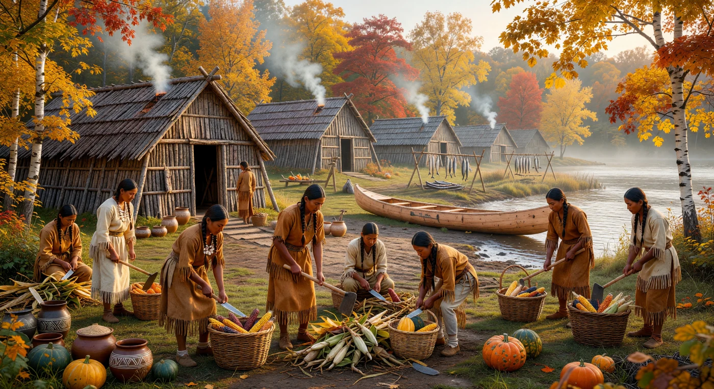Sur les rives fertiles du Saint-Laurent au XIIIe siècle, des familles iroquoiennes s'activent à la récolte automnale du maïs et des courges à l'ombre de leurs maisons longues en écorce de cèdre. Vêtus de tuniques en peau de cerf finement travaillées, ces agriculteurs habiles utilisent des paniers de frêne et des outils en pierre pour récolter les « Trois Sœurs », fondement de leur subsistance et de leur sédentarisation. Cette scène illustre la sophistication sociale et technique de ces populations ancestrales du Québec, dont le mode de vie prospère était parfaitement intégré aux cycles saisonniers de la vallée laurentienne.