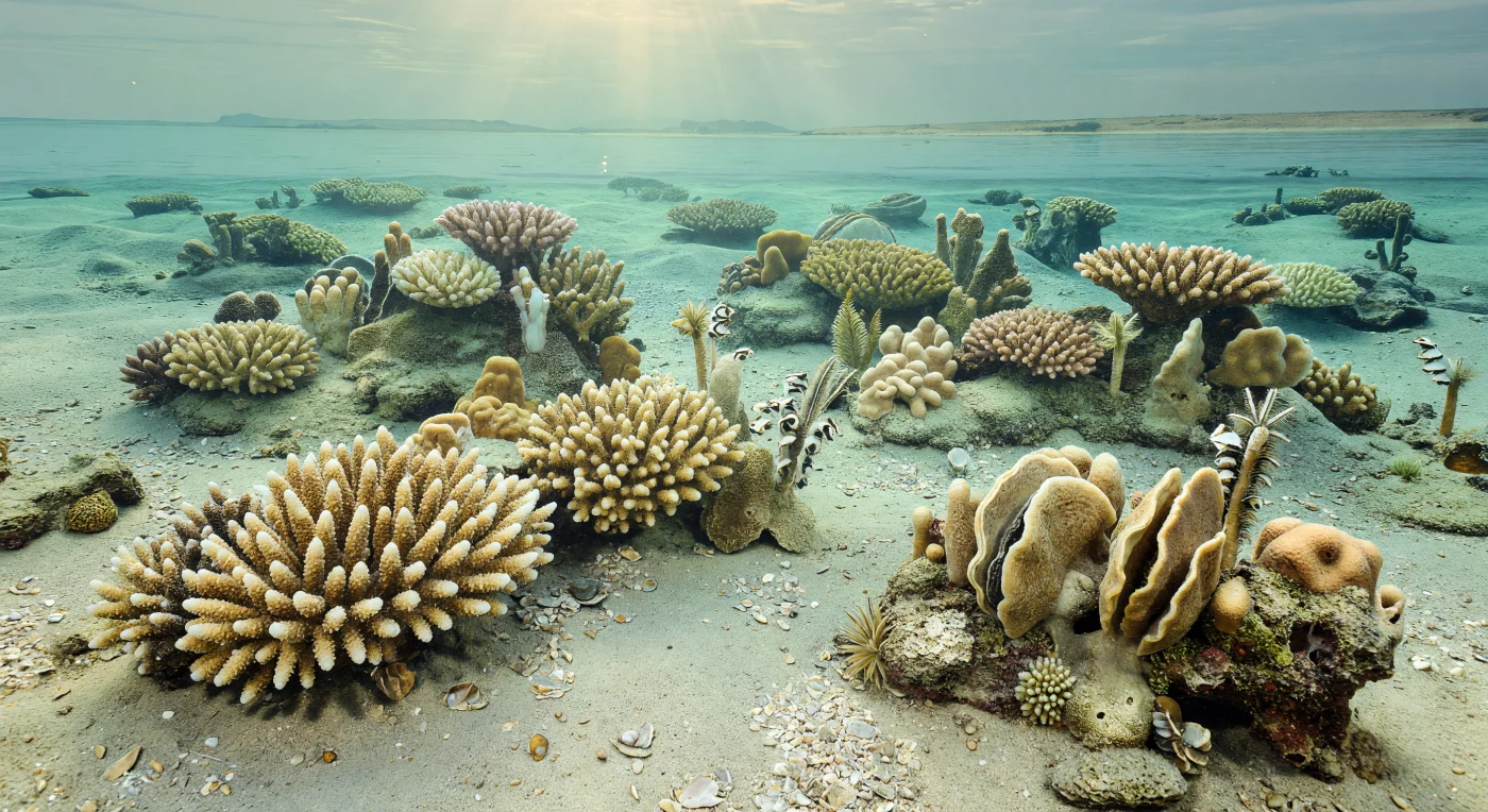 En las cálidas aguas someras del margen norte de Gondwana, hace unos 237–201 millones de años, pequeños arrecifes en recuperación salpican el fondo carbonatado como oasis de vida tras la gran crisis del final del Pérmico. Sus estructuras están formadas por corales escleractinios como Retiophyllia y Volzeia, entremezclados con esponjas hipercalcificadas, costras microbianas, crinoideos y enormes bivalvos megalodóntidos de conchas gruesas, en un ecosistema aún más abierto y discontinuo que los arrecifes modernos. Los rayos de sol que atraviesan el mar turquesa iluminan un mundo triásico en reconstrucción, donde las comunidades marinas de la Tetis volvían a levantar complejas arquitecturas de caliza en el borde de un supercontinente.