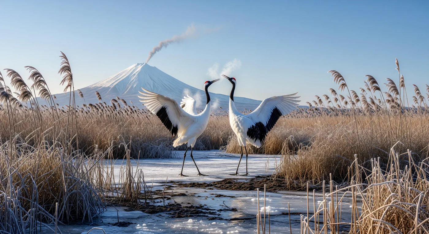 A pair of red-crowned cranes performs a ritual mating dance across the frozen Kushiro marshes of Hokkaido, then known as Ezo, during the mid-19th century. To the indigenous Ainu people, these birds were revered as *Sarurun Kamuy*, or the "God of the Marsh," inhabiting a landscape defined by volcanic activity and extreme sub-arctic winters. This scene captures the pristine wilderness of Japan’s northern frontier in 1850, just years before the Meiji Restoration would bring rapid industrialization and settlement to the region.