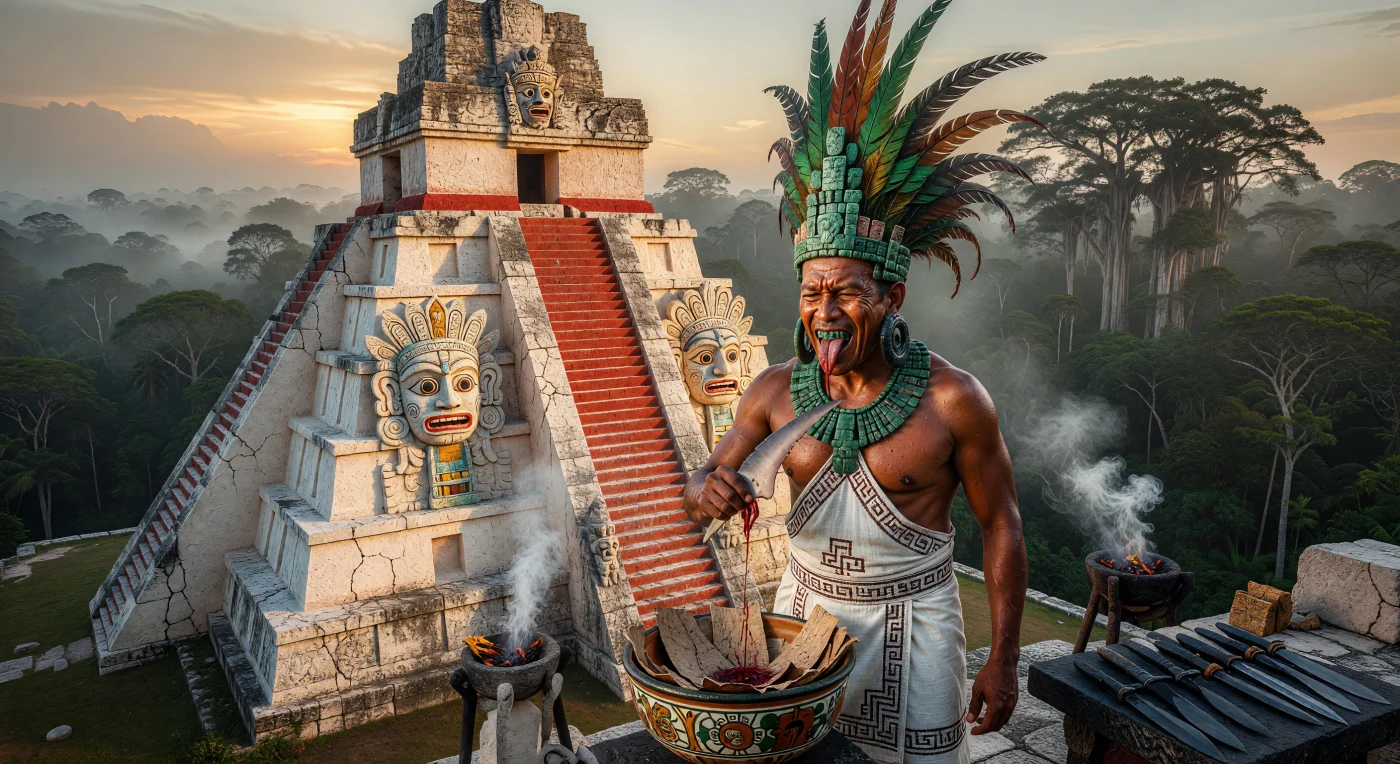 No topo de uma pirâmide de calcário em Tikal, um *K’uhul Ajaw* (Rei Divino) realiza o ritual sagrado de autossacrifício, utilizando um ferrão de arraia para oferecer seu sangue sobre papel de casca de árvore. O governante exibe traços distintivos da elite maia do século IV, como a deformação craniana e incrustações de jade nos dentes, enquanto veste um imponente cocar de penas de quetzal e ornamentos de obsidiana. Ao fundo, as massivas máscaras de estuque do Deus Sol e a densa selva de Petén sob a névoa matinal emolduram este ato solene, fundamental para a manutenção da ordem cósmica e a comunicação com as divindades.