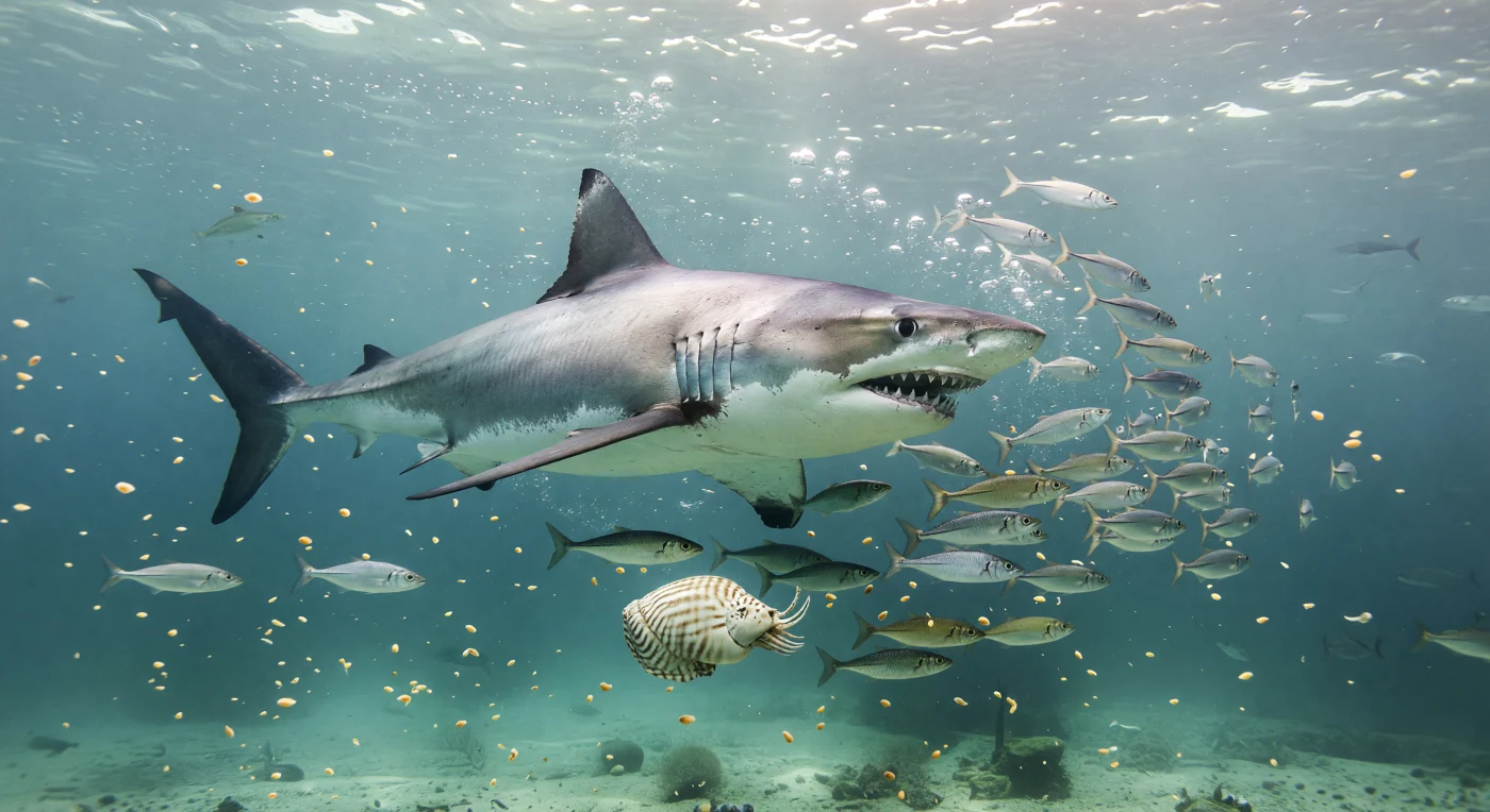 Dans une mer chaude du plateau continental externe à l’Éocène, il y a environ 56 à 41 millions d’années, un immense Otodus obliquus de 8 à 10 mètres fend un banc compact de téléostéens argentés rappelant des maquereaux, tandis qu’un nautile rayé dérive plus bas dans l’eau bleu-vert. Ce grand requin lamniforme, parent ancien de la lignée des « mégadents », portait déjà de larges dents triangulaires efficaces pour saisir de grosses proies, bien avant l’apparition des formes plus tardives aux dents fortement dentelées. La légère brume planctonique, riche en foraminifères comme Globigerinatheka, rappelle que ces mers subtropicales de l’hémisphère Nord foisonnaient de vie, dans un monde éocène beaucoup plus chaud que celui d’aujourd’hui.