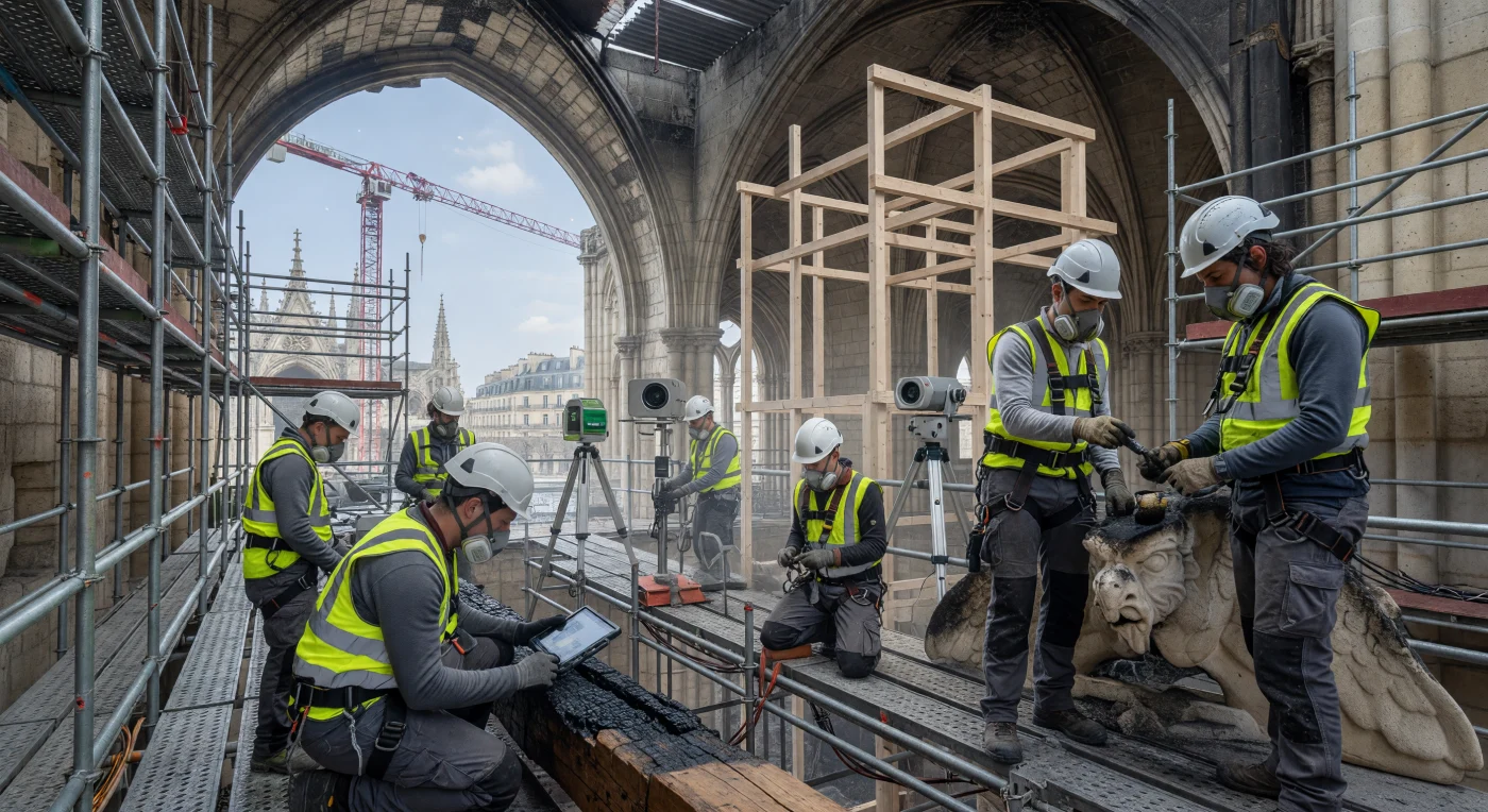 Artisans equipped with modern safety gear and digital tools work atop a complex network of steel scaffolding to stabilize the fire-damaged limestone and charred oak of Notre-Dame de Paris. Following the catastrophic fire of April 2019, this restoration effort represents a monumental intersection of medieval craftsmanship and 21st-century technology, utilizing laser-scanning and advanced engineering to preserve the cathedral’s Gothic integrity. The presence of specialized respirators and high-visibility clothing underscores the rigorous safety standards and environmental challenges, such as lead dust contamination, that defined this historic European preservation project circa 2022.