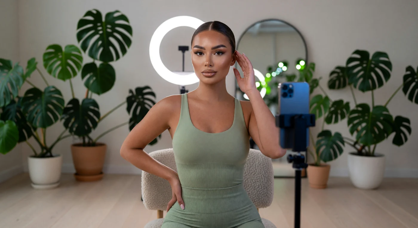 Esta fotografía ilustra el auge de la cultura del influencer en la década de 2020, mostrando a una joven con la distintiva estética "Instagram Face" y un peinado "clean girl" en un estudio minimalista de Montreal. La composición resalta elementos clave de la época, como el característico reflejo circular de la luz LED en sus pupilas y el uso de ropa deportiva de alta gama en un entorno decorado con plantas Monstera. Este retrato encapsula la intersección entre la vida doméstica y la producción de contenido digital, definiendo un periodo donde la imagen personal se transformó en una marca visual cuidadosamente curada.