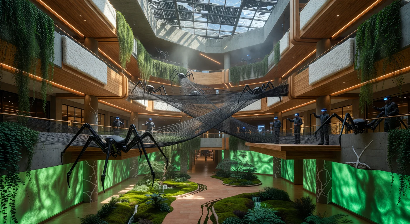 Nesta janela para o período "O Limiar" (2025–2050), observamos o átrio de um antigo shopping center de 2040 transformado em um tecnofóssil vivo durante o "Grande Retrofit". Sob o brilho esmeralda de paredes de algas bioluminescentes, enxames robóticos tecem tendões de fibra de carbono sobre uma paisagem de "cidade-esponja", onde o concreto é regenerado pela bactéria *Bacillus pseudofirmus* e as estruturas são reforçadas com madeira laminada e micélio fúngico. Esta transição marca o momento em que a distinção entre o construído e o cultivado desaparece, fundindo a engenharia sintética à resiliência biológica nas camadas geológicas do Antropoceno tardio.