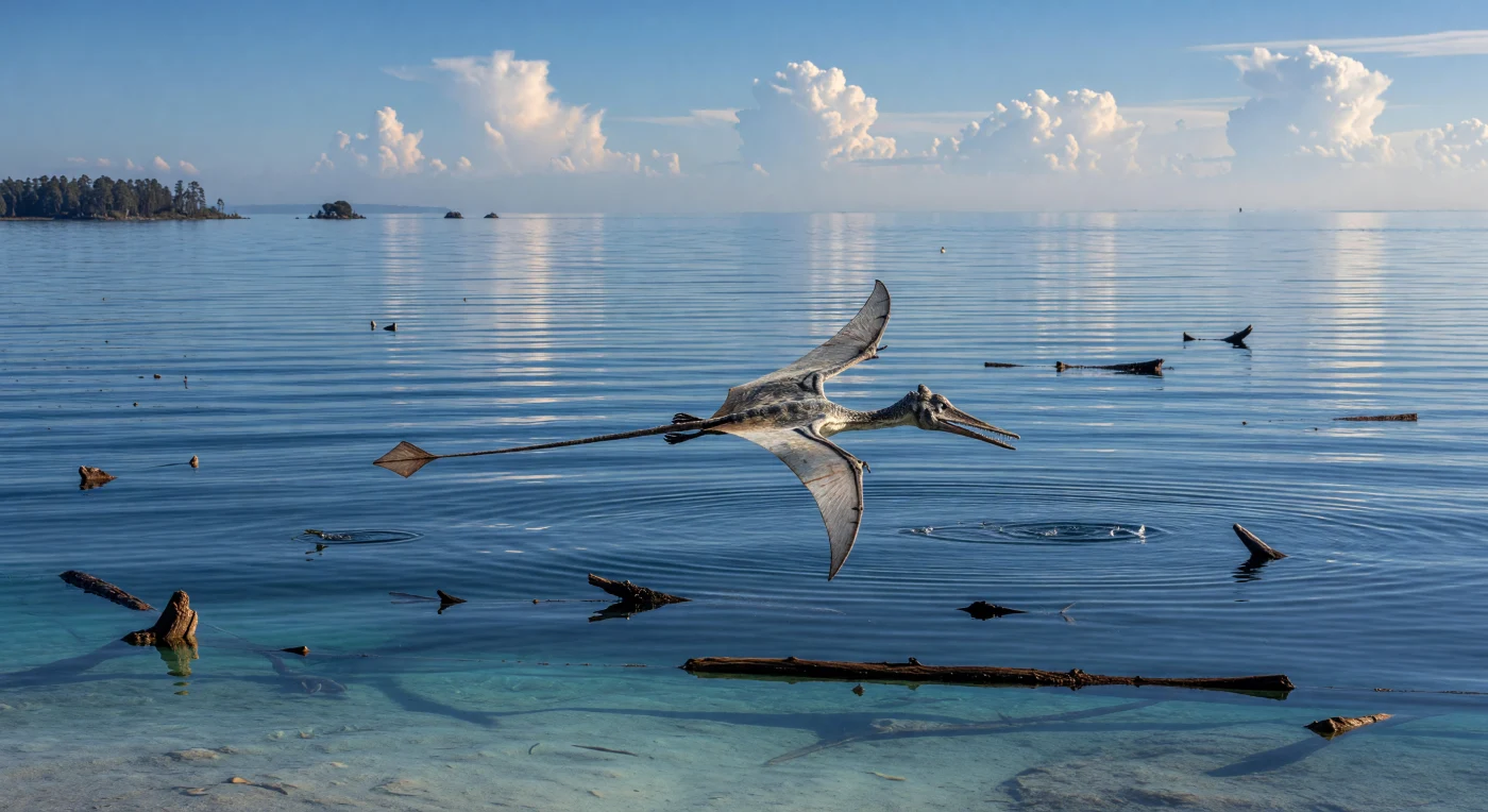A small long-tailed pterosaur, Rhamphorhynchus, glides just above the warm waters of the Late Jurassic Tethys Ocean, about 150 million years ago, near the outer edge of a shallow carbonate shelf. Its narrow wings, fuzzy pycnofiber-covered body, slender tooth-filled jaws, and diamond-tipped tail reflect adaptations for agile flight over the sea, where it likely hunted small fish at the surface. The sharp shift from turquoise shallows to darker offshore water highlights the boundary between nearshore platforms and the deeper marine basin beyond in this greenhouse world.