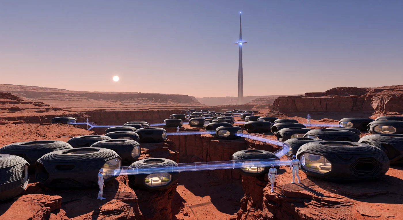Set within the tiered depths of Valles Marineris during the 28th Century, this scene illustrates the "Rhizomatic" urbanism characteristic of the Solar Expansion Era. Modular Morphic-Hab pods utilize shifting programmable matter shells to optimize thermal regulation against the Martian sun, while Martian-born humans—whose elongated skeletal structures and narrow ribcages reflect biological adaptations to 0.38g gravity—traverse translucent Spin-Glass walkways. In the distance, the Pillar of Ares space elevator pierces the thin, pale-salmon atmosphere, anchoring this high-density colony to the vast orbital infrastructure of the post-planetary hegemony.