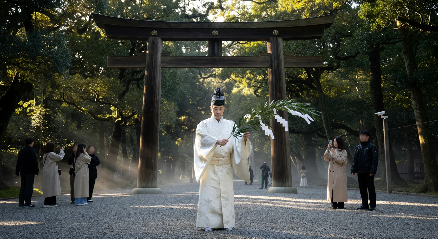 Um sacerdote xintoísta realiza o ritual de purificação *harae* diante do monumental portal O-Torii no Santuário Meiji Jingu, utilizando um ramo de *sakaki* sob a luz filtrada da floresta de Tóquio. Vestido com trajes de seda branca e o tradicional chapéu *eboshi*, o clérigo mantém vivas práticas ancestrais que contrastam com a presença sutil de smartphones e câmeras de vigilância na multidão ao fundo. Esta cena ilustra a dualidade marcante do Leste Asiático na Era Digital, onde a espiritualidade profunda e a hiper-modernidade tecnológica coexistem harmoniosamente no coração da metrópole.