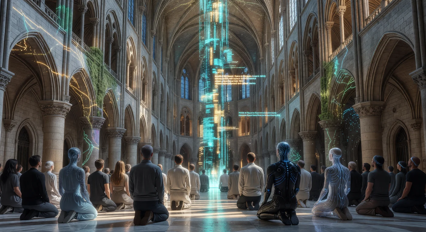 All'interno della cattedrale di Notre-Dame nel 2048, l'antica pietra calcarea è integrata da circuiti a fibre ottiche e licheni sintetici, mentre un maestoso pilastro di dati olografici ascende verso le volte gotiche. Questa istantanea dell'era della Soglia (2025-2050) ritrae l'interazione tra umani Baseline, Augment dotati di interfacce neurali e Sintetici senzienti, tutti connessi in tempo reale alla rete di governance algoritmica dell'EUSS. La scena illustra il culmine della transizione europea verso una civiltà avanzata, dove l'energia da fusione e la sincronia neurale fondono l'eredità storica con l'avanguardia della simbiosi biologico-digitale.