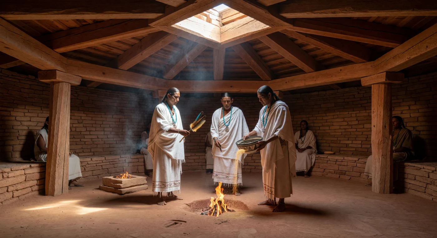 Au cœur du canyon de Chaco vers l'an 1100, des prêtres Pueblos ancestraux célèbrent un rituel sacré dans une kiva circulaire, dont la maçonnerie de grès et le plafond massif en bois de conifères témoignent d'une prouesse architecturale remarquable. Parés de turquoises et de plumes de aras provenant de réseaux commerciaux s'étendant jusqu'en Mésoamérique, ils manipulent avec soin de la farine de maïs et des céramiques peintes dans une atmosphère imprégnée de fumée de cèdre. Cette scène illustre la profondeur spirituelle et la complexité sociale d'une civilisation florissante du Sud-Ouest américain bien avant l'arrivée des Européens.