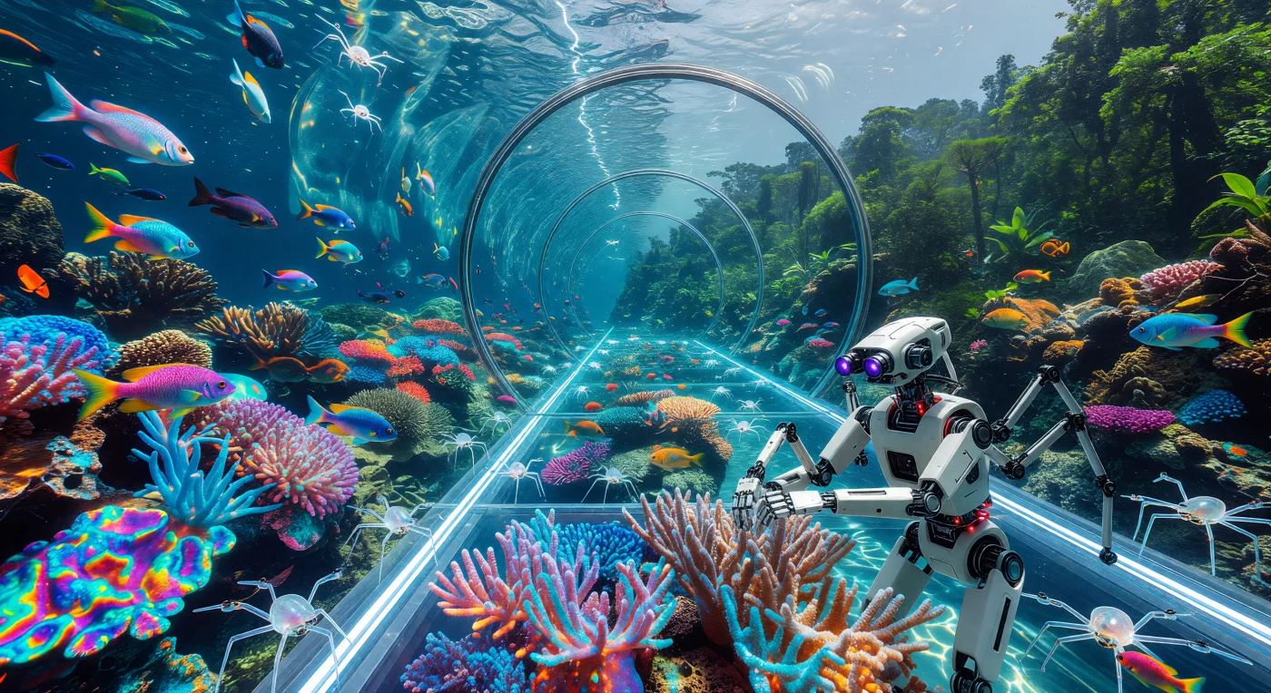 This reconstruction from 2144 AD illustrates the intricate maintenance of a genetically recreated aquatic ecosystem within a pressurized O'Neill cylinder during the era known as The Convergence. A non-humanoid robotic proxy, controlled by a Substrate-Independent Mind (SIM), tends to optimized coral and iridescent fish under the high-intensity glare of a central LED sun-line. The visible upward curve of the water’s surface and the presence of autonomous "Spider-Drones" highlight the sophisticated engineering and centripetal physics required to sustain diverse biological life within Earth's orbital megastructures.