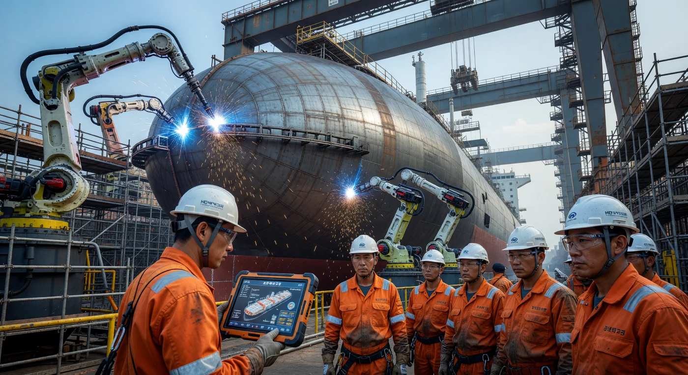 Technicians at a Geoje shipyard monitor automated robotic arms as they precision-weld the massive cryogenic steel hull of a Liquefied Natural Gas (LNG) carrier. During the mid-2020s, South Korea solidified its status as the global leader in maritime engineering by pioneering "smart manufacturing" techniques to meet the world's complex energy transport needs. This scene illustrates the Digital Age transition in heavy industry, where traditional shipbuilding expertise merged with advanced robotics and mobile computing to create the most sophisticated vessels in history.