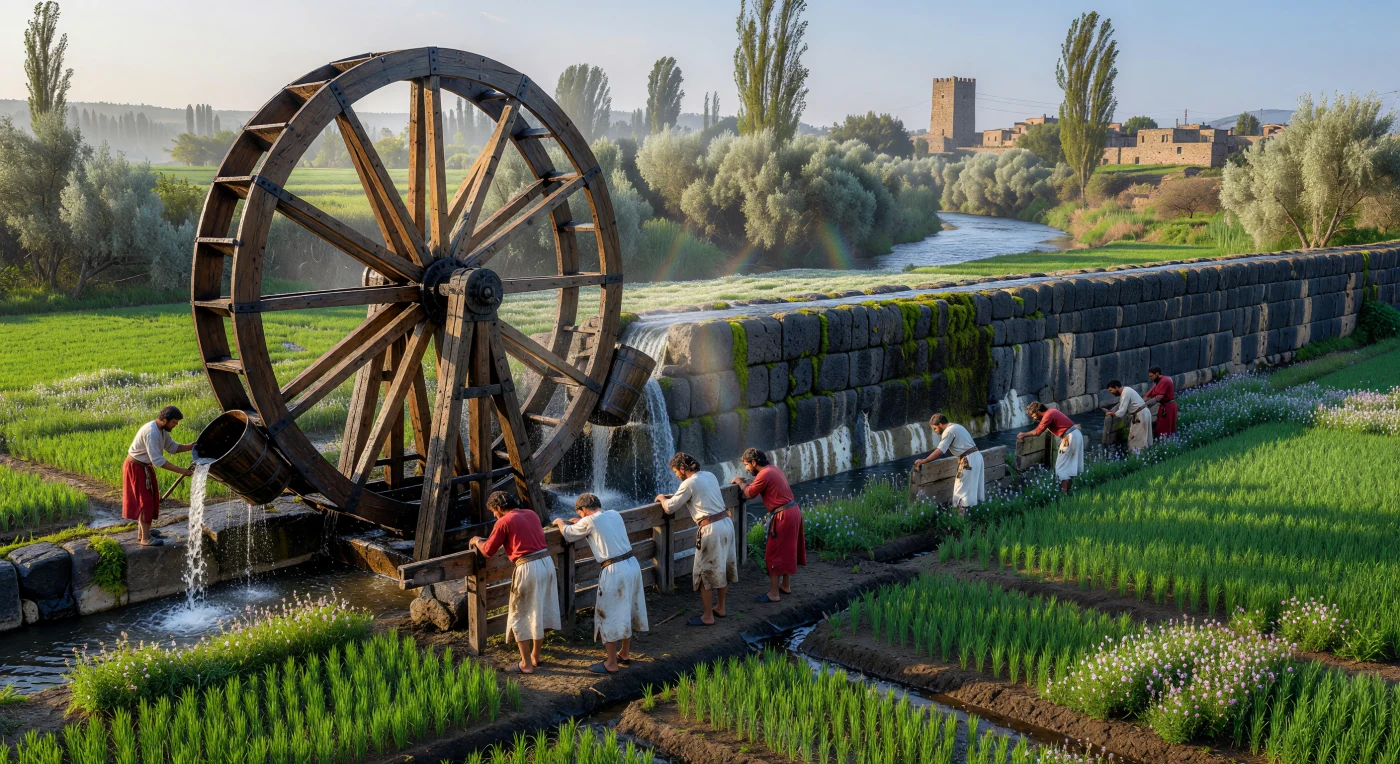 A towering wooden noria, constructed from oak and poplar, rotates within the Orontes River to lift water into a monumental basalt aqueduct. In the 4th century AD, such sophisticated hydraulic engineering was essential for transforming the Levantine landscape into productive fields of barley and lentils. This scene captures the daily labor of Aramean farmers within the Roman-Byzantine frontier, where ancestral agricultural traditions met imperial infrastructure.