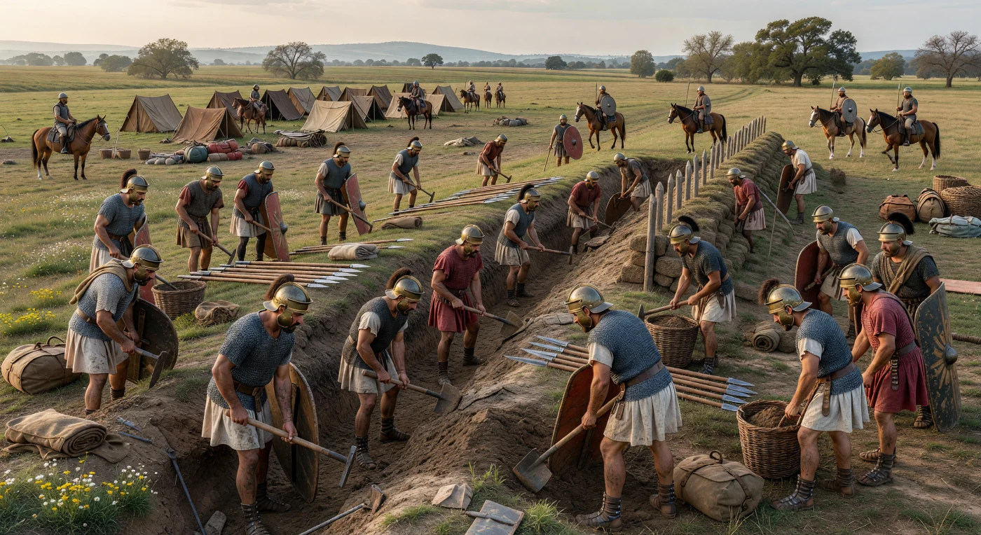 Romeinse legionairs graven op een open Italiaanse vlakte de gracht van een tijdelijk marskamp, terwijl anderen aarde in rieten manden aanvoeren voor de wal; naast hen liggen hun pila en gebogen scuta ordelijk opgestapeld. Hun bronzen Montefortino-helmen, maliënkolders en bespijkerde caligae plaatsen de scène in de late Romeinse Republiek, toen soldaten na elke marsdag routinematig een verdedigbaar kamp aanlegden. Deze dagelijkse vestingbouw was een kern van Romeins militair succes: discipline, organisatie en techniek maakten zelfs een leger op doortocht tot een moeilijk aan te vallen macht.
