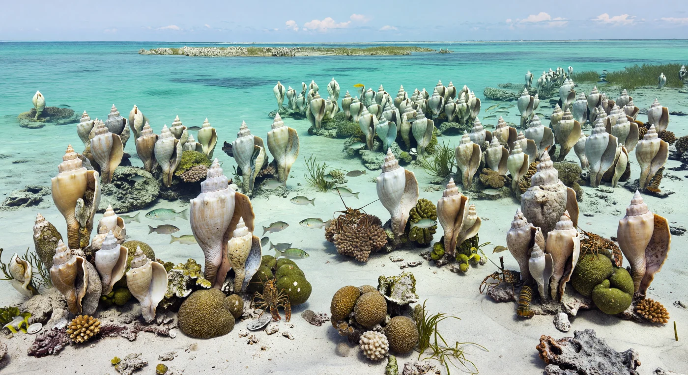 In dieser flachen, türkisfarbenen Lagune der südlichen Tethys vor dem heutigen Madagaskar oder auf der Indischen Platte ragen dichte Bestände von Rudisten wie Hippurites und Radiolites bis zu 1 Meter hoch aus dem hellen Karbonatsand, zwischen denen die kolonialen Korallen Actinastrea und Thamnasteria wachsen. Kleine silbrige Knochenfische huschen durch das sonnengefleckte Wasser, während rotbraune Mecochirus-Hummer zwischen Schalen und Korallenkolonien umherkriechen. Solche Lebensgemeinschaften prägten im späten Abschnitt der Kreidezeit vor etwa 100–66 Millionen Jahren warme, ruhige Flachmeere einer Treibhauswelt, in der Rudisten vielerorts die Rolle moderner Riffbildner übernahmen.