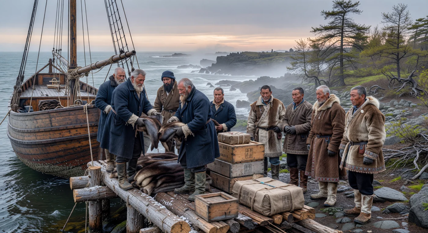 Russian sailors of the Russian-American Company unload precious sea otter pelts from a traditional wooden *koch* onto the salt-crusted timber piers of Okhotsk in the 1820s. This remote Pacific outpost served as a critical hub for the "soft gold" trade, where Siberian furs were funneled toward the Qing Empire in exchange for commodities like the brick tea visible on the docks. On the misty shoreline, indigenous Evenk traders in decorative reindeer-skin *kukhlankas* represent the complex intersection of nomadic traditions and the expanding Russian colonial frontier during the Age of Revolutions.