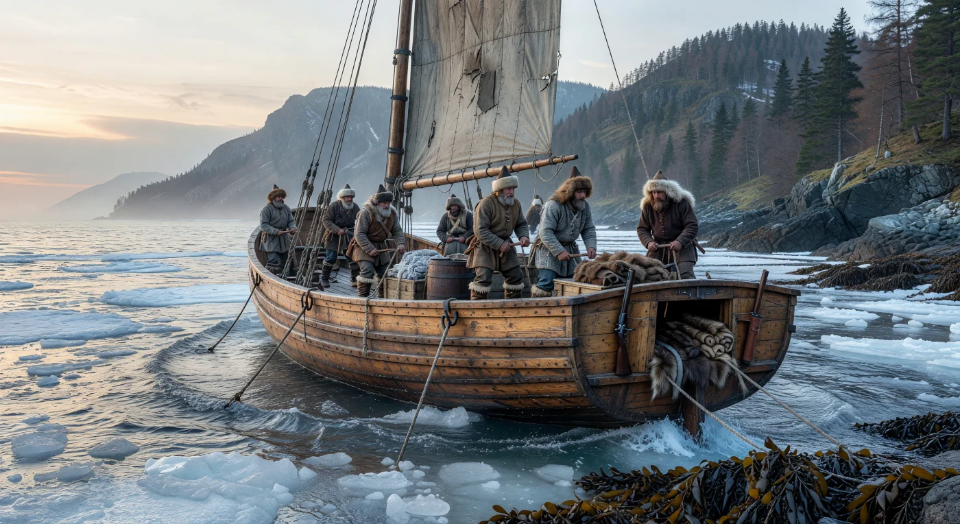 Een houten Russisch kotsj-schip, herkenbaar aan zijn unieke eivormige romp die bestand is tegen de druk van kruiend ijs, baant zich een weg door de bevroren kustwateren van de Zee van Ochotsk. Aan boord werken bebaarde *promyshlenniki* (pelsjagers) en Kozakken in zware wollen kaftans temidden van bevroren touwen en kostbare ladingen sabelmarterbont. Dit robuuste vaartuig speelde een cruciale rol in de Russische expansie naar het Verre Oosten tijdens de late 17e eeuw, waarbij ontdekkingsreizigers de barre omstandigheden trotseerden in hun zoektocht naar het lucratieve "zachte goud" van Siberië.