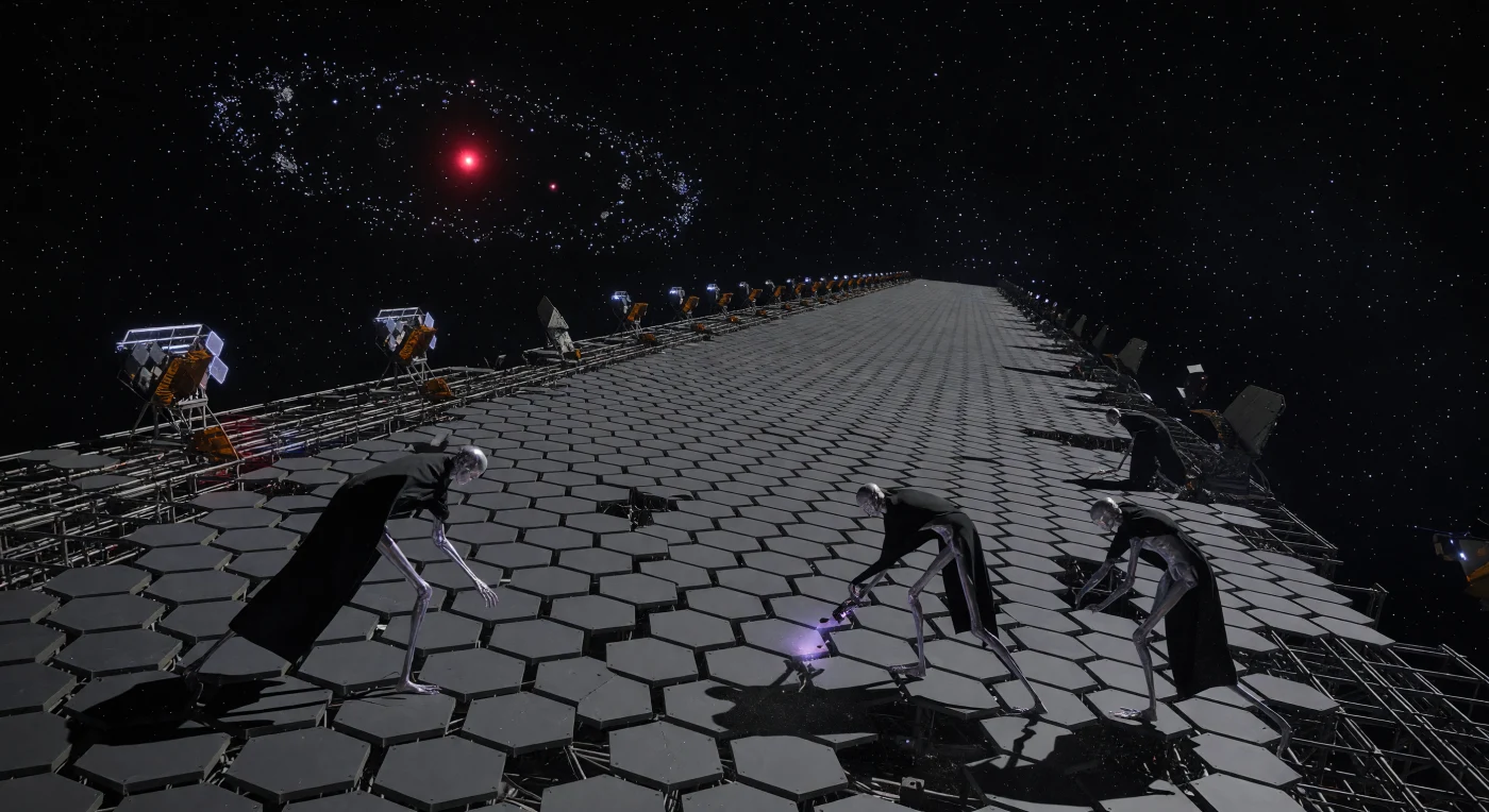Nesta reconstrução da Era Galáctica (c. 5.000–20.000 d.C.), observamos insurgentes da clado Void-Born (Lito-Sintéticos) sabotando um massivo transmissor de micro-ondas na face escura de um asteroide de níquel-ferro. Utilizando ferramentas de disrupção molecular, estes seres pós-biológicos de esqueleto de nanotubos de carbono e pele de perovskita desmantelam a infraestrutura de um Enxame de Dyson para eliminar a assinatura energética de seu sistema. O evento, conhecido como o "Grande Escurecimento", reflete um período de desespero existencial onde a civilização tentou ocultar sua presença de predadores interestelares sob a luz carmesim de uma estrela anã vermelha.