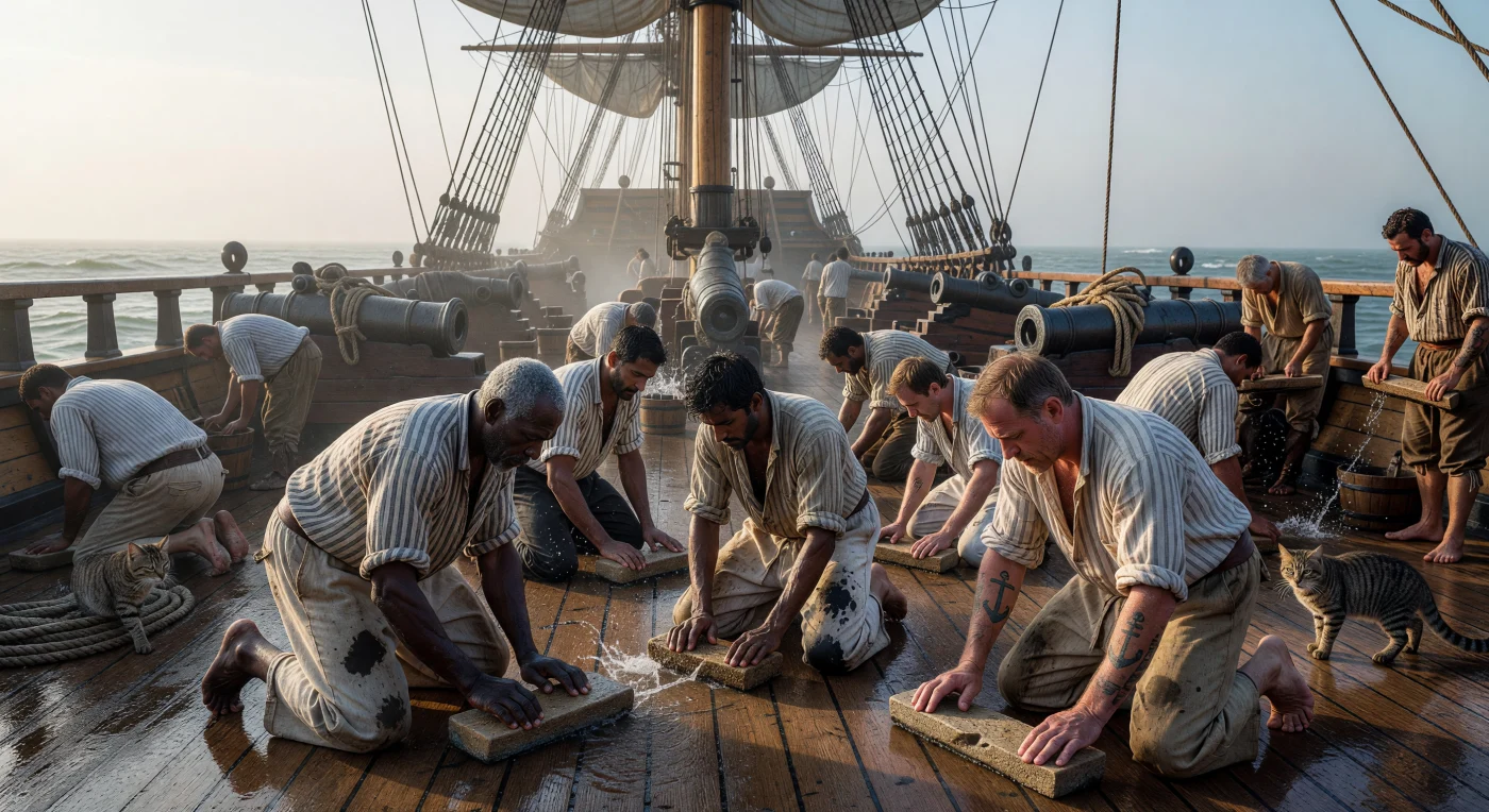 Sailors of diverse origins, including West African Kroomen and South Asian Lascars, labor together to "holystone" the massive oak deck of a British Ship of the Line circa 1825. This grueling daily ritual involved scrubbing the planks with sandstone blocks and seawater to maintain the vessel’s cleanliness and prevent wood rot. The scene illustrates the "motley crew" characteristic of the era’s maritime service, where men from across the global empire lived and worked within a complex world of tarred hemp rigging, heavy iron cannons, and strict naval discipline.