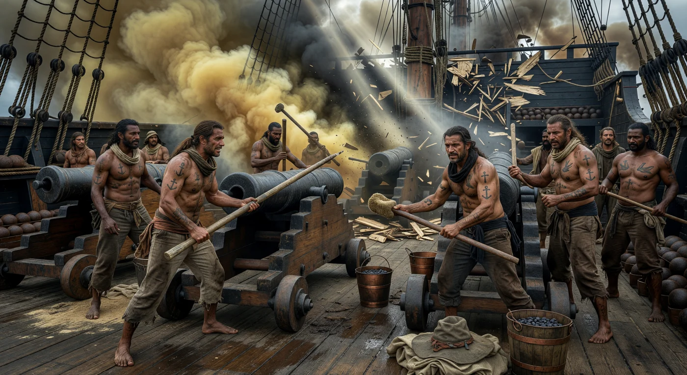 During the mid-19th century, the gundecks of wooden ships of the line were cramped, sulfurous environments where ethnically diverse crews—often including men from Europe, Africa, and Asia—labored in unison. This scene depicts sailors manning 32-pounder smoothbore cannons amidst the "wooden walls" of a vessel, highlighting the physical toll and the "motley" nature of maritime life during the Age of Revolutions. The presence of hand-poked tattoos and tarred canvas clothing reflects the distinct subculture of the global seafaring community before the widespread transition to steam and ironclad technology.