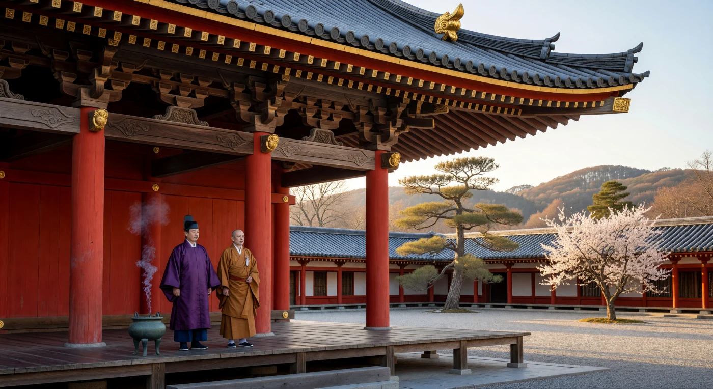 Sotto i maestosi spioventi di un tempio dell'VIII secolo a Heijo-kyo, l'antica Nara, i complessi incastri *dougong* in legno di cedro sostengono pesanti tetti in ceramica sormontati da splendenti acroteri dorati *shibi*. Sullo sfondo delle colline di Kasuga, un dignitario in sete viola e un monaco buddista si incontrano su una piattaforma cerimoniale, circondati dal profumo del sandalo e dal candore dei fiori di prugno in un'alba primaverile. Questa scena cattura la raffinata estetica del periodo Nara, un'epoca in cui l'architettura monumentale e il fervore religioso definivano l'identità del Giappone imperiale sotto la profonda influenza culturale della Cina Tang.