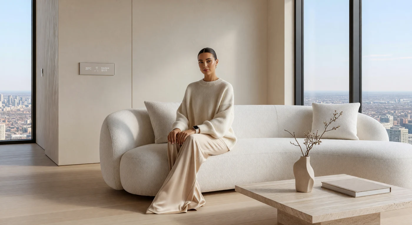 Esta cena captura a estética do "Quiet Luxury" do início da década de 2020, retratando uma mulher em uma cobertura minimalista envolta em texturas luxuosas de caxemira, seda e lã bouclé. O visual "Clean Girl" e a paleta monocromática de beges simbolizam um ideal de sofisticação da era, onde a alta tecnologia das casas inteligentes é integrada de forma quase invisível a materiais orgânicos como o travertino e o carvalho claro. Este período marcou o auge do "Stealth Wealth" (riqueza furtiva), uma resposta cultural que priorizava o silêncio visual e a exclusividade tátil em meio à constante aceleração digital da vida urbana.