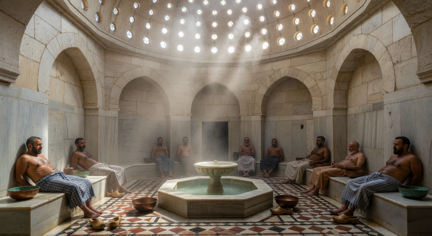 Au cœur de la salle chaude (*harara*) d'un hammam fatimide du XIIe siècle, la vapeur enveloppe des hommes se reposant sur des bancs de marbre, tandis que la lumière matinale filtre à travers les petites ouvertures vitrées du dôme. Vêtus de la *futa* traditionnelle en coton quadrillé, les baigneurs profitent de cet espace social essentiel où l'hygiène se mêle au raffinement architectural des fontaines et des mosaïques complexes. Ce sanctuaire de pierre et de brume témoigne de la sophistication de la vie urbaine au Caire, alors l'un des centres culturels les plus avancés du monde islamique médiéval.