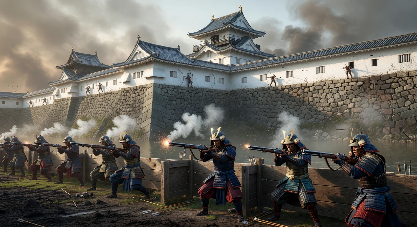 Tijdens een intense belegering rond 1600 vuren samurai in donkergelakte *Tosei-gusoku* harnassen hun *Tanegashima* musketten af vanachter zware houten mantels, terwijl de lucht dik is van zwavelhoudende rook. De imposante vesting op de achtergrond, met zijn witgepleisterde muren en massieve *ishigaki* stenen wallen, illustreert de architectonische overgang van de roerige Sengoku-periode naar de stabiliteit van het Edo-tijdperk. Deze scène weerspiegelt de technologische verschuiving in de Japanse oorlogsvoering, waarbij vuurwapens en grootschalige fortificaties de machtsverhoudingen op het slagveld definitief transformeerden.