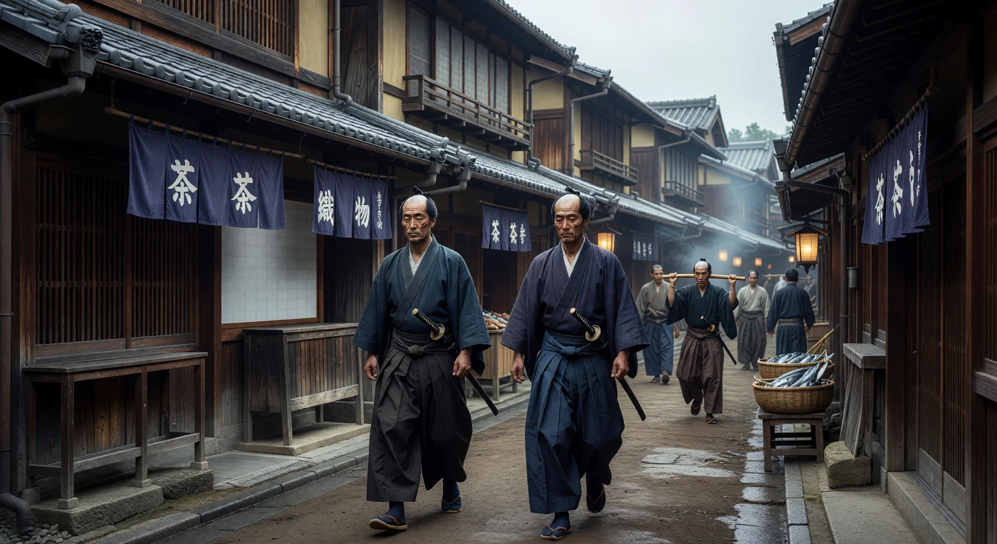 Two samurai, distinguished by their traditional chonmage hairstyles and the daisho—a matched pair of swords signifying their social rank—patrol the Nihonbashi district of Edo during the mid-19th century. They navigate a street lined with dark-timbered machiya townhouses and shops adorned with indigo-dyed noren curtains, illustrating the sophisticated urban architecture of the Bakumatsu period. This scene captures the final years of the Tokugawa Shogunate, a transitional era where centuries of feudal tradition began to meet the encroaching pressures of internal unrest and foreign influence.