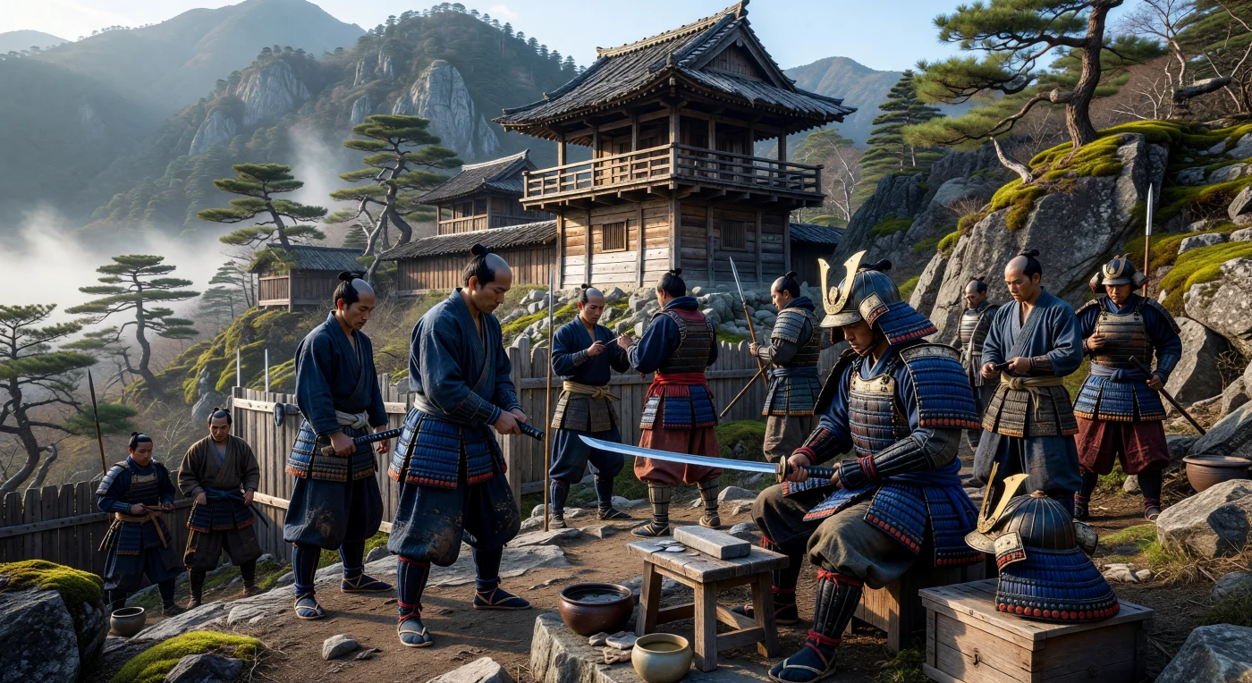 Nesta representação do Japão do século XV, guerreiros samurais preparam-se para a batalha junto a uma torre de vigia de madeira em uma remota fortaleza montanhosa durante o período Muromachi. Os combatentes, exibindo o penteado *chonmage* e vestindo armaduras *do-maru* meticulosamente entrelaçadas com seda, são vistos afiando suas espadas *katana* sob a luz suave de uma manhã enevoada. A cena captura a disciplina marcial e o refinamento estético de uma era marcada pela descentralização política e pelo surgimento de conflitos regionais que definiriam a história feudal japonesa.